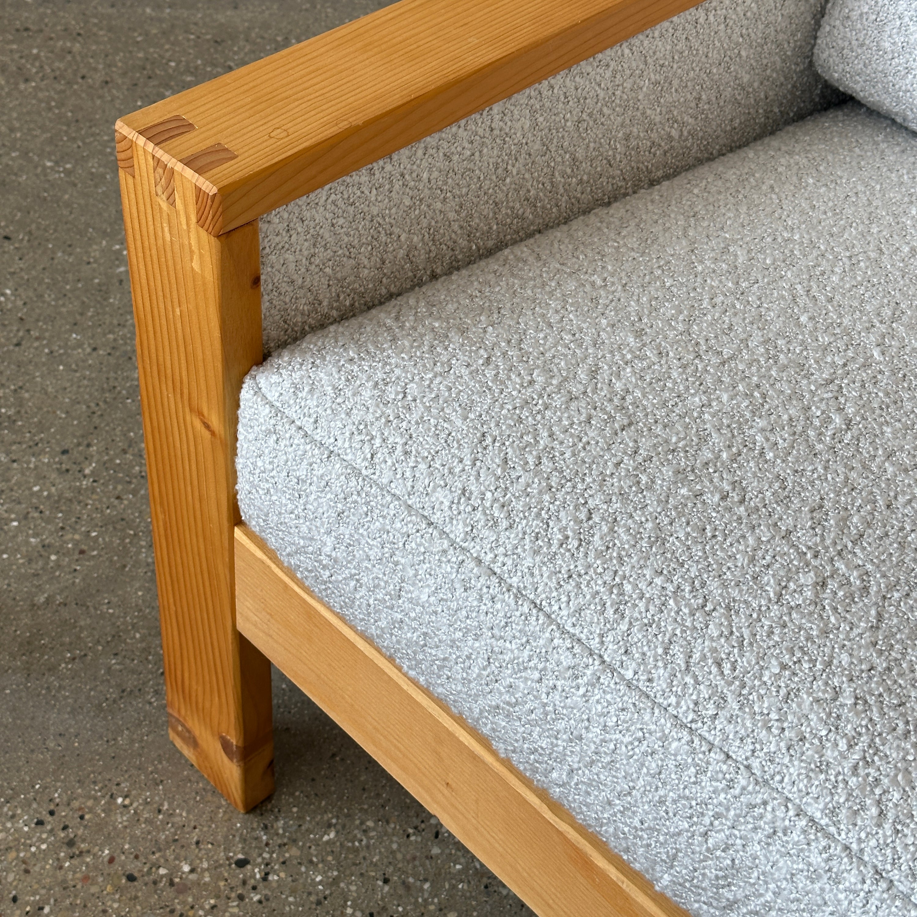 Swedish Pine Lounge Chair in Nubby Boucle