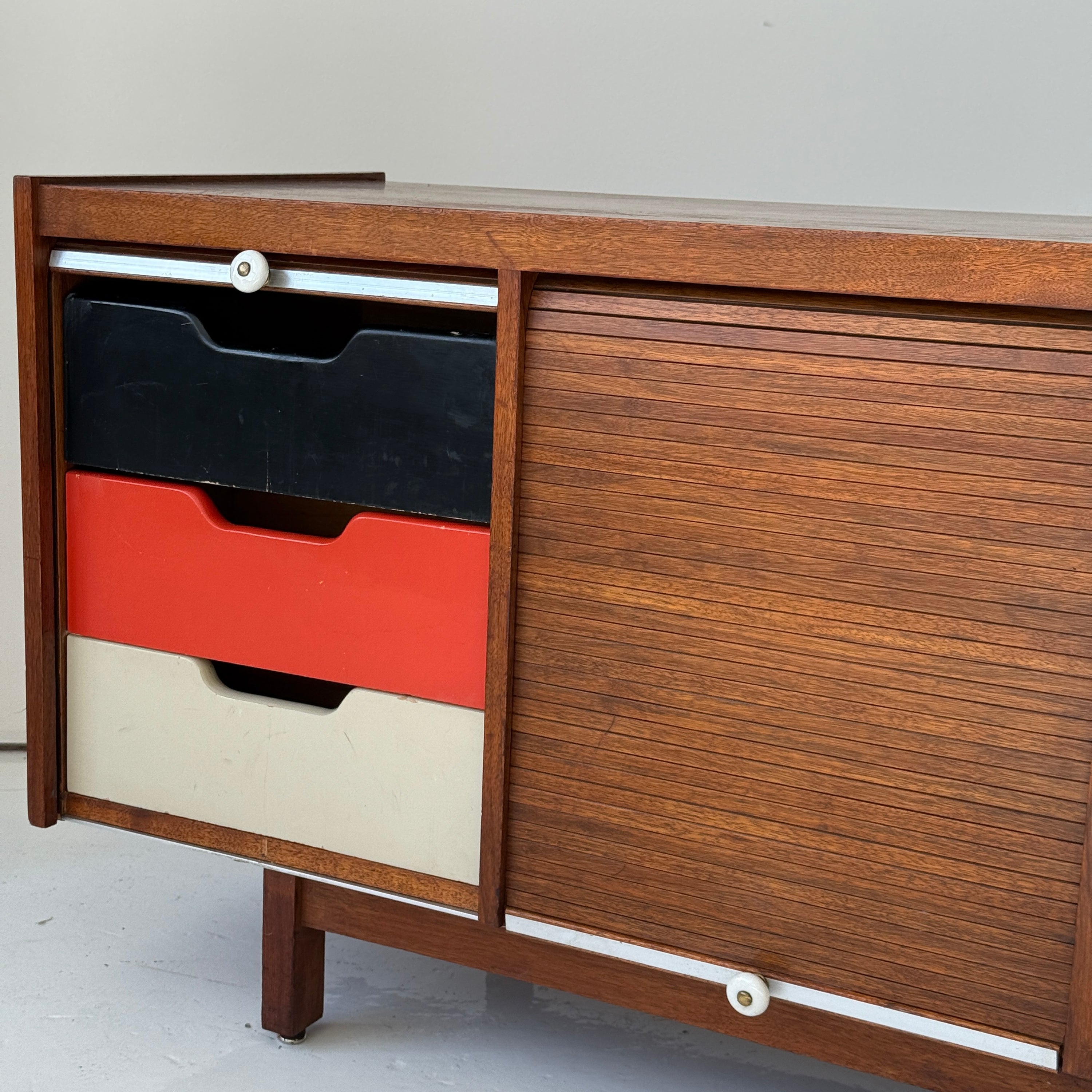 Mid Century Walnut Roll Up Credenza