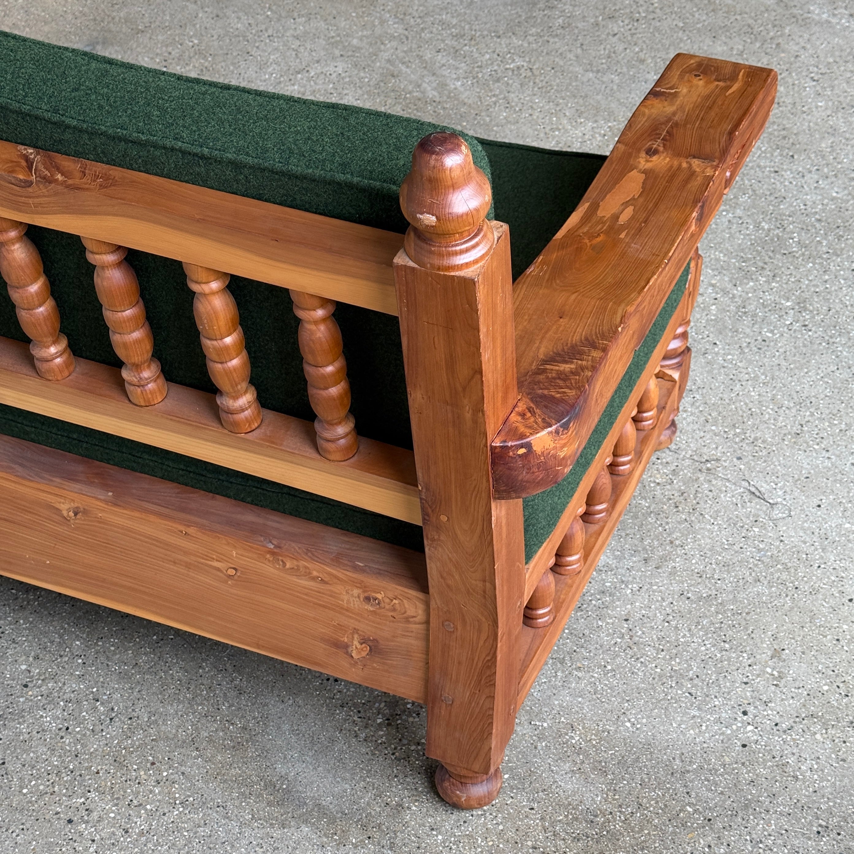 Brutalist Carved Pine Sofa in Green Wool