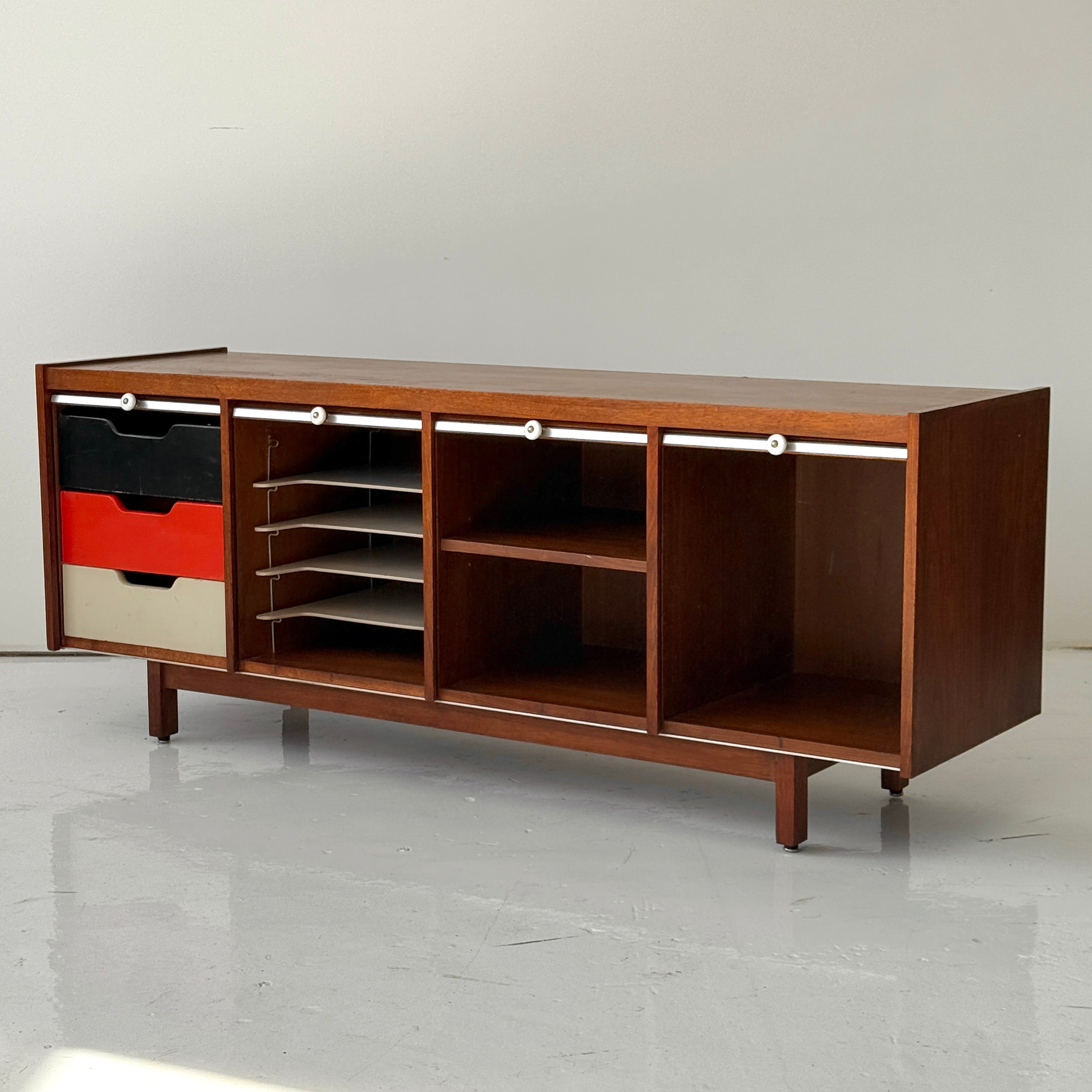 Mid Century Walnut Roll Up Credenza