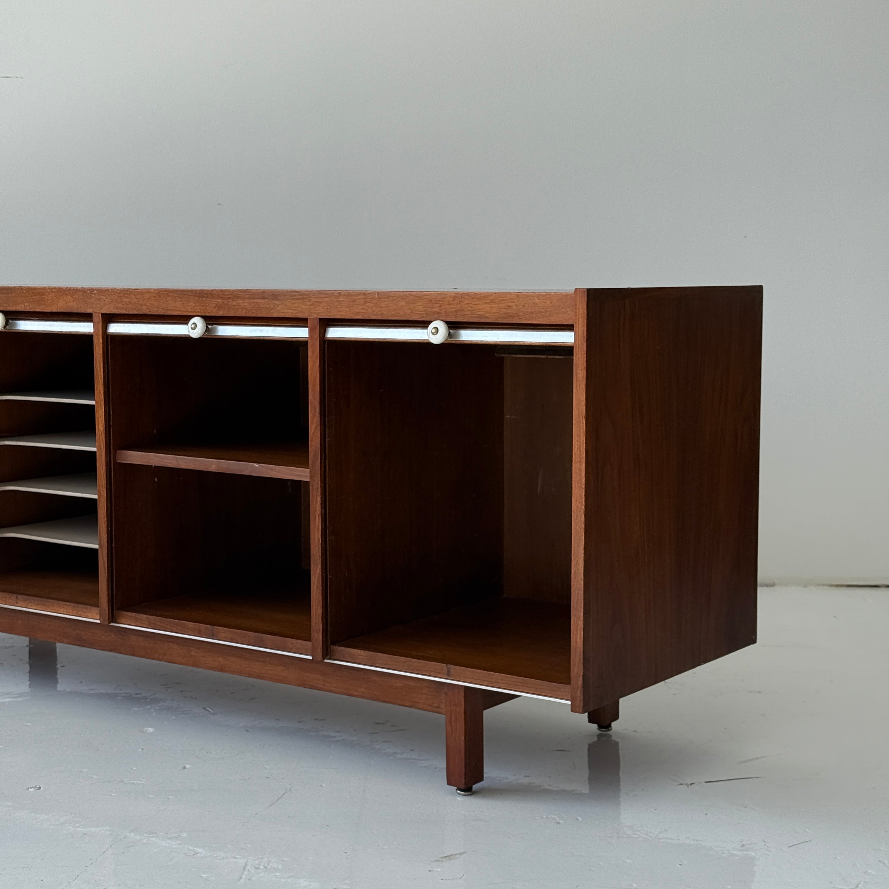 Mid Century Walnut Roll Up Credenza