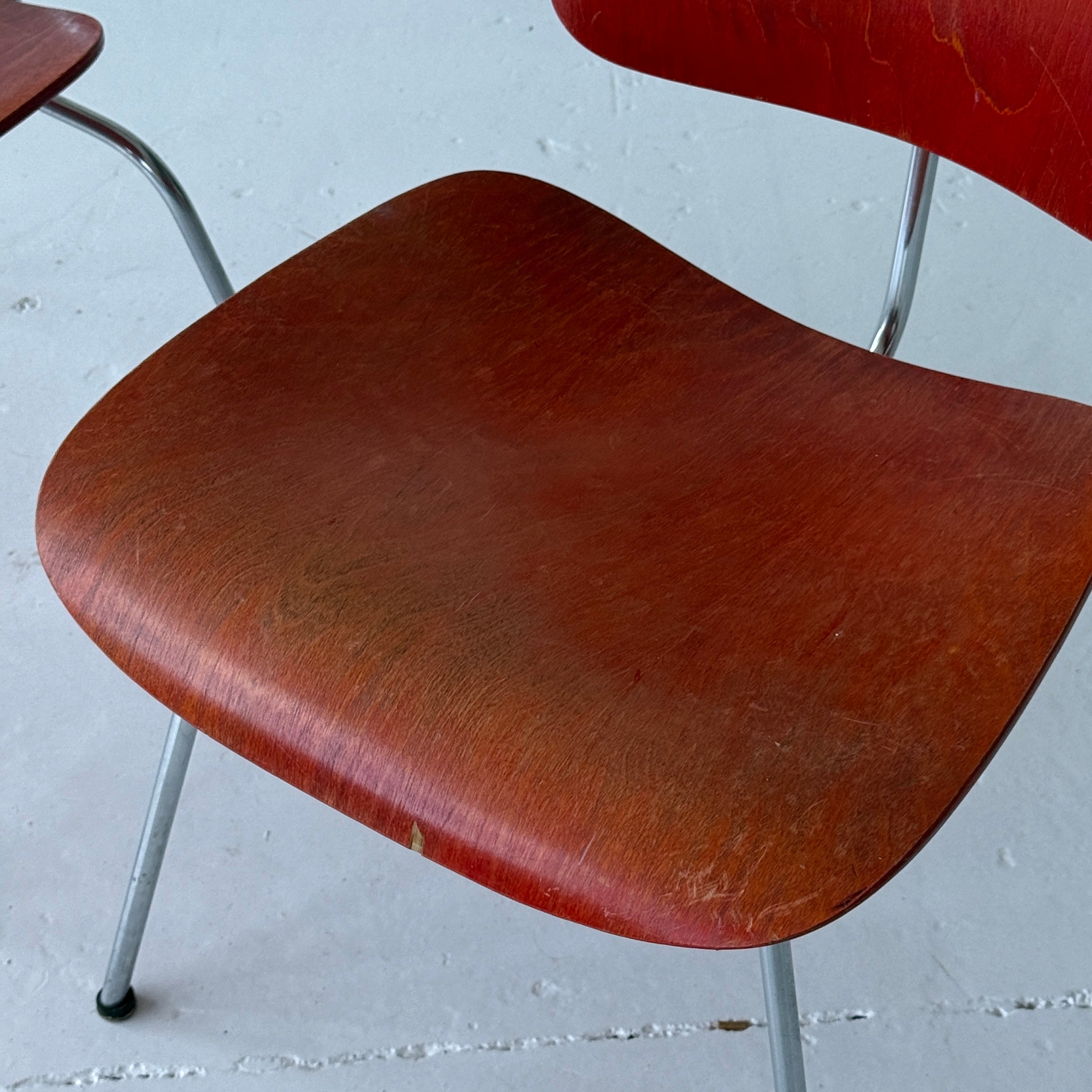 DCM Chairs by Charles + Ray Eames for Herman Miller in Red Aniline Dye