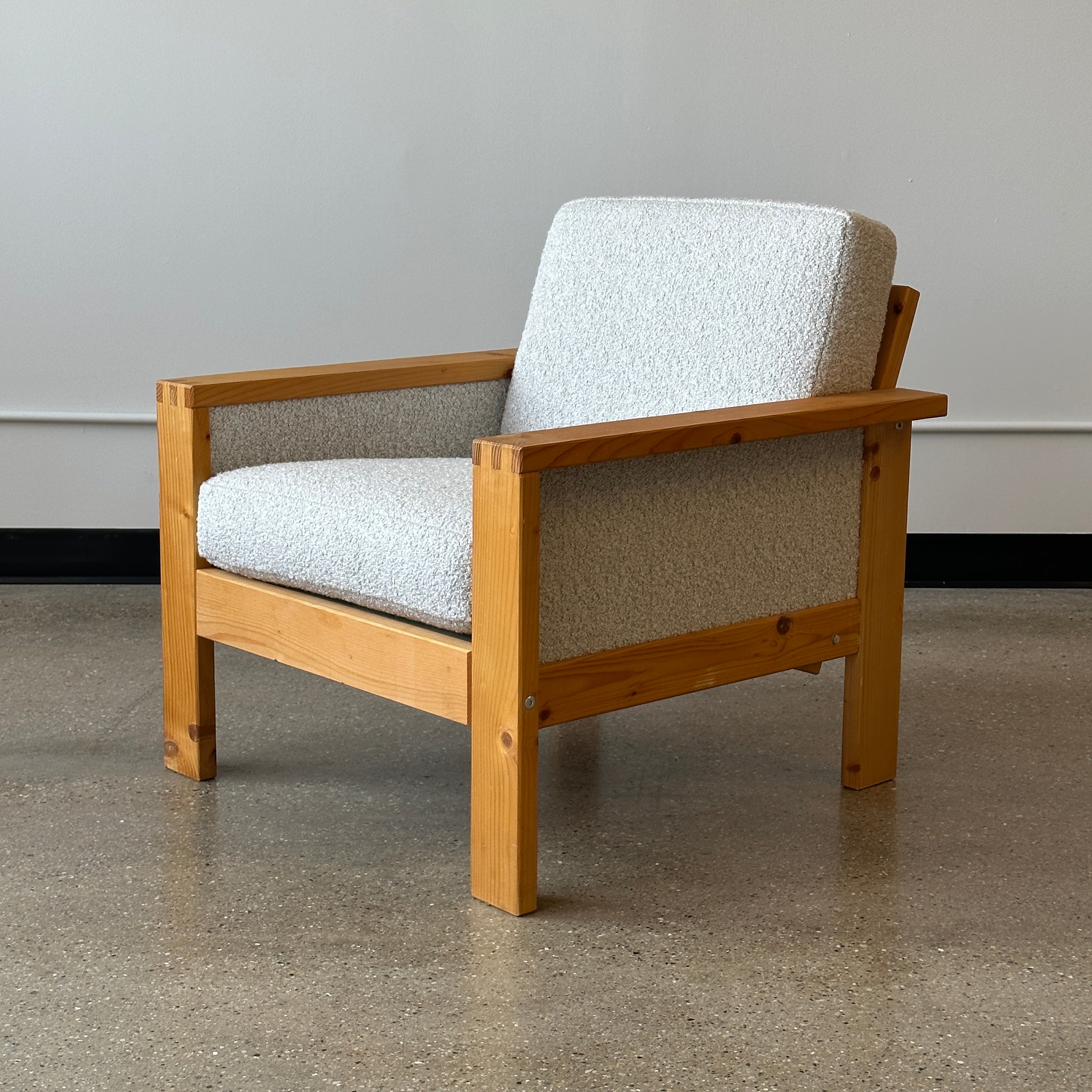 Swedish Pine Lounge Chair in Nubby Boucle