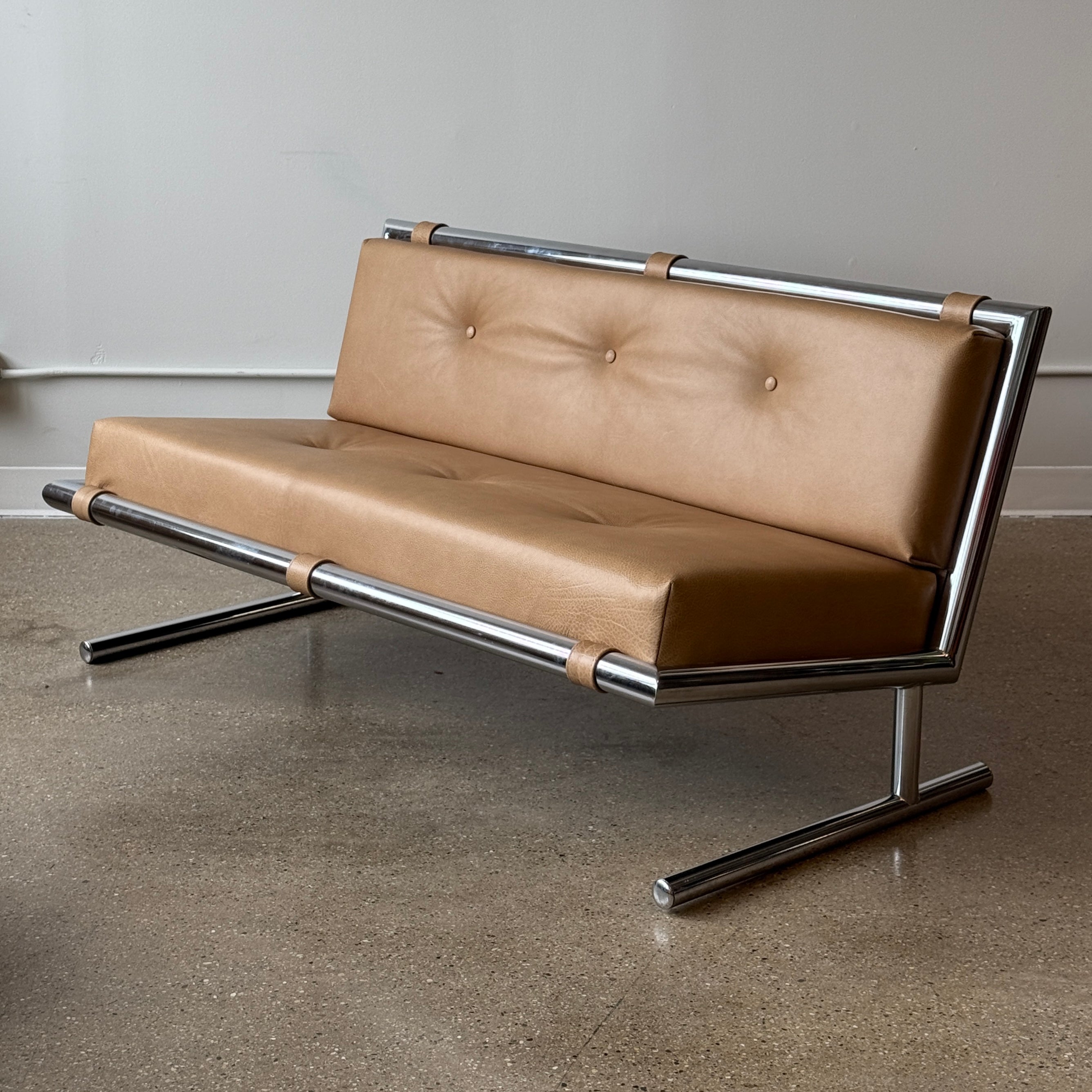 Leather/Chrome Sled Settee by Arthur Umanoff for Directional