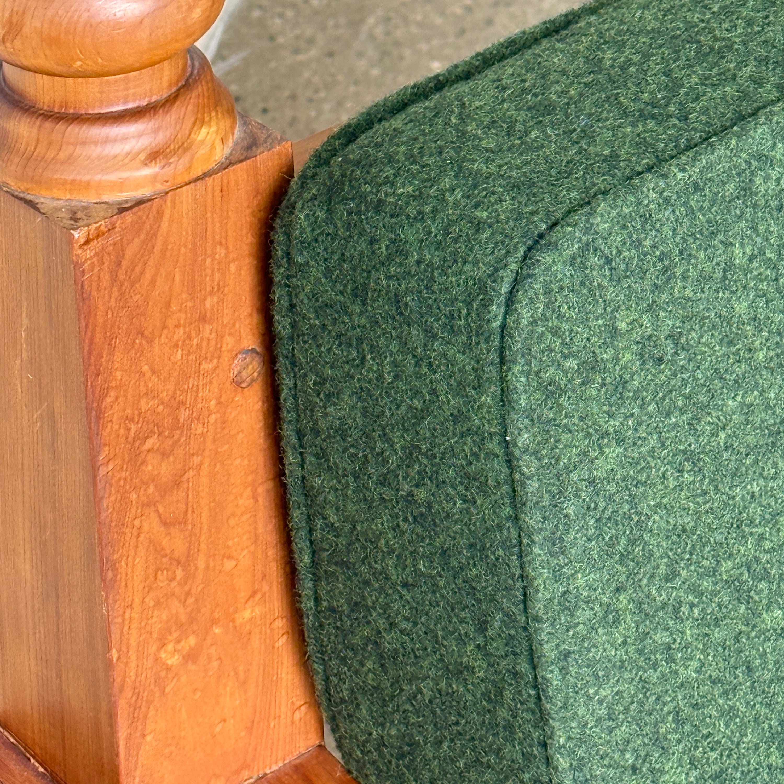 Brutalist Carved Pine Sofa in Green Wool