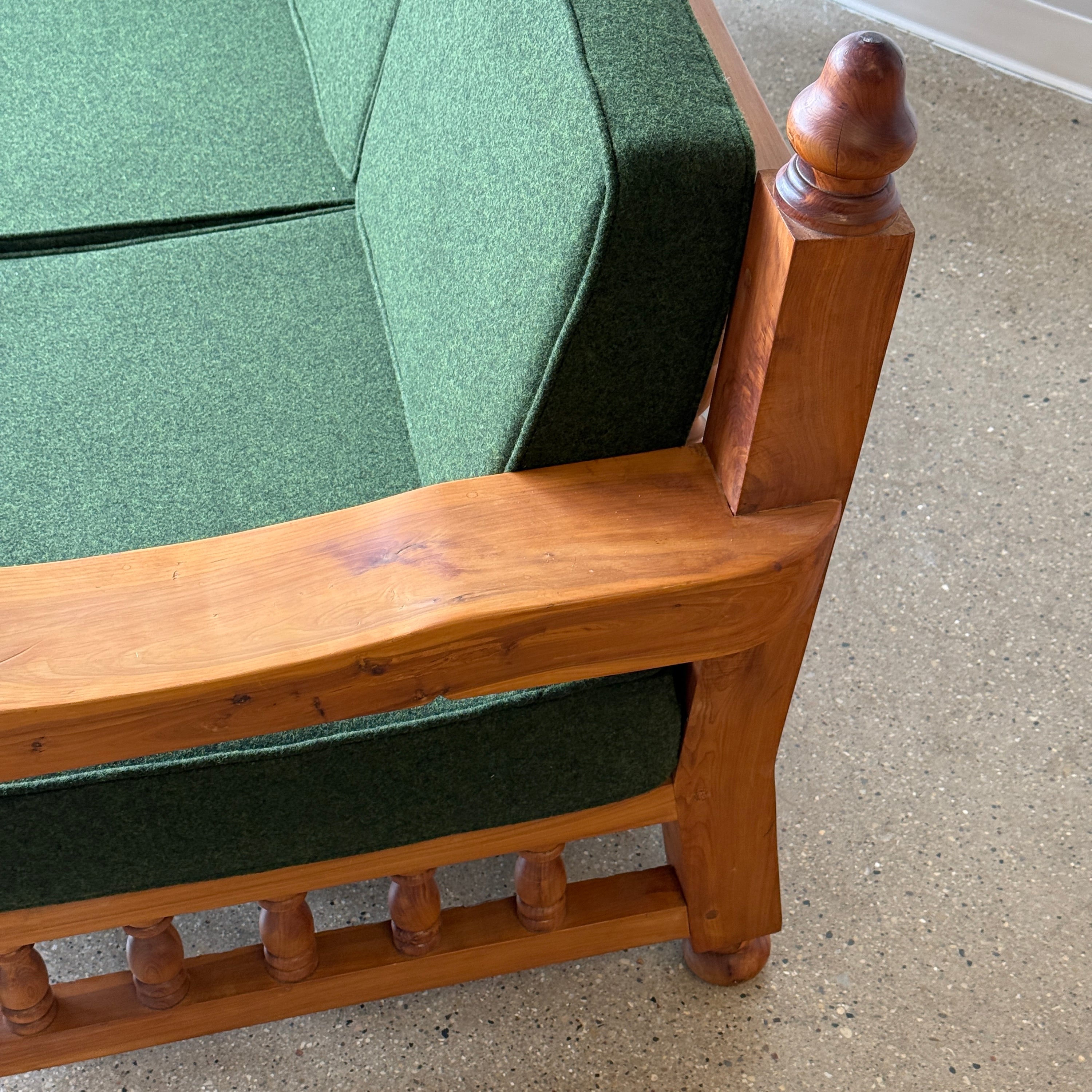 Brutalist Carved Pine Sofa in Green Wool