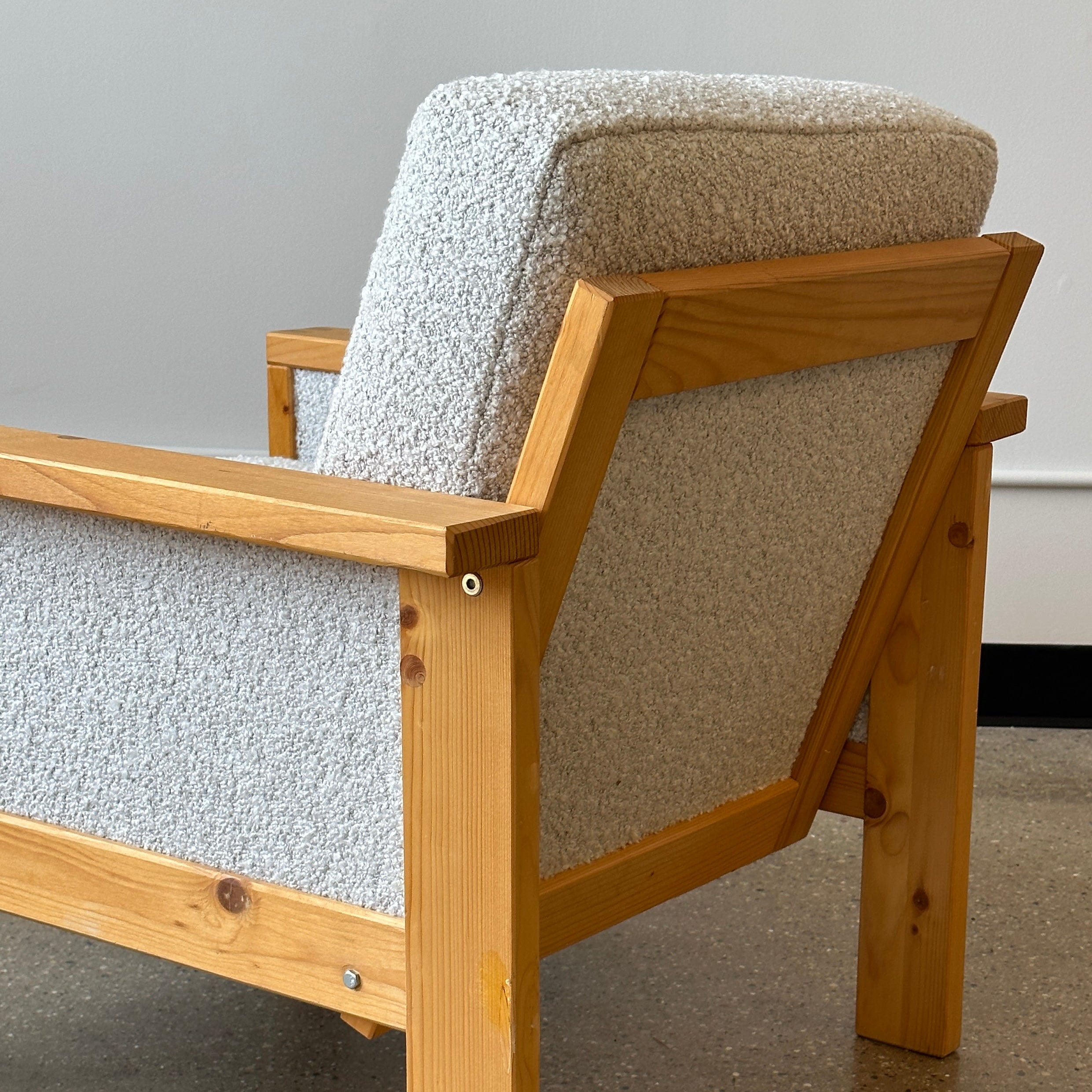 Swedish Pine Lounge Chair in Nubby Boucle