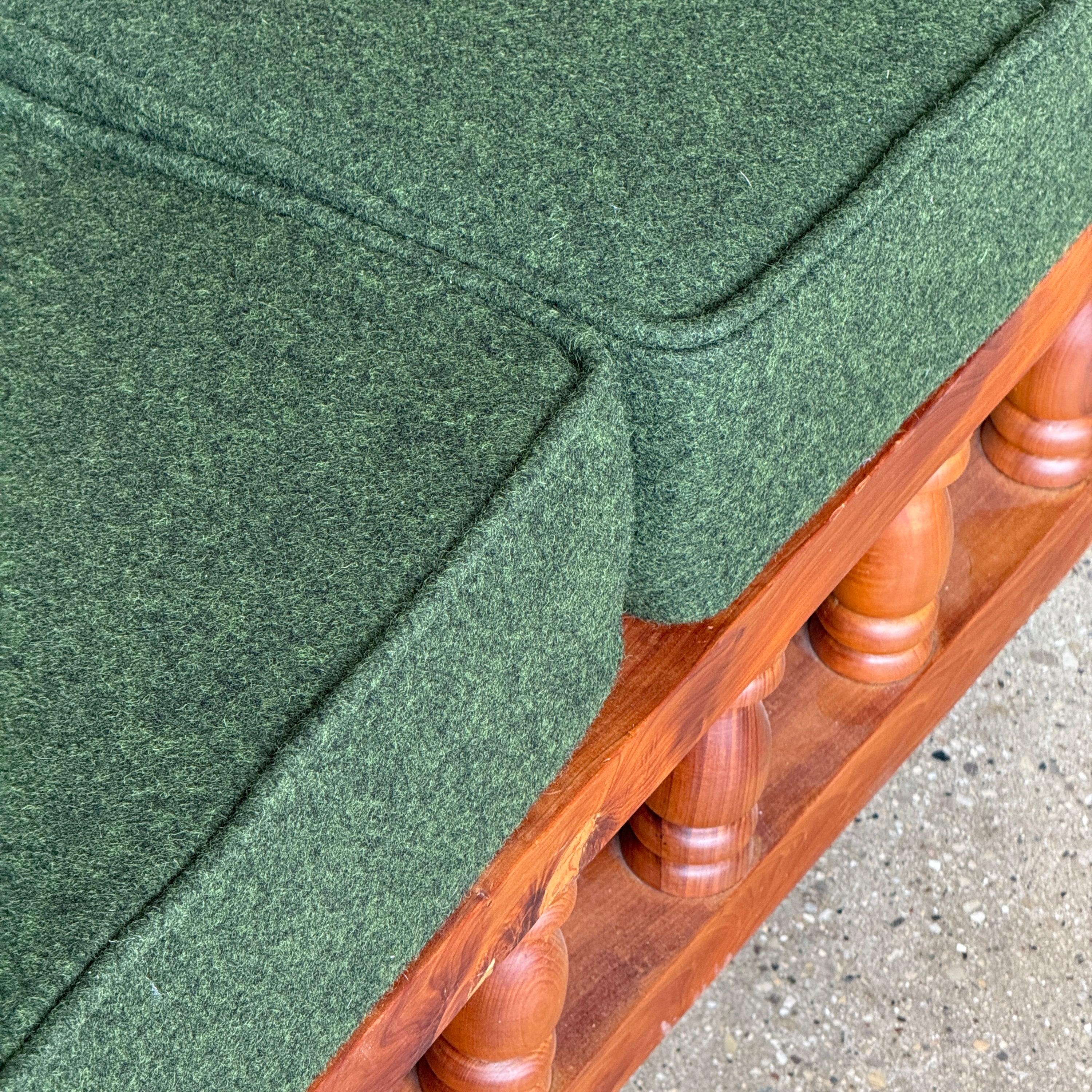 Brutalist Carved Pine Sofa in Green Wool
