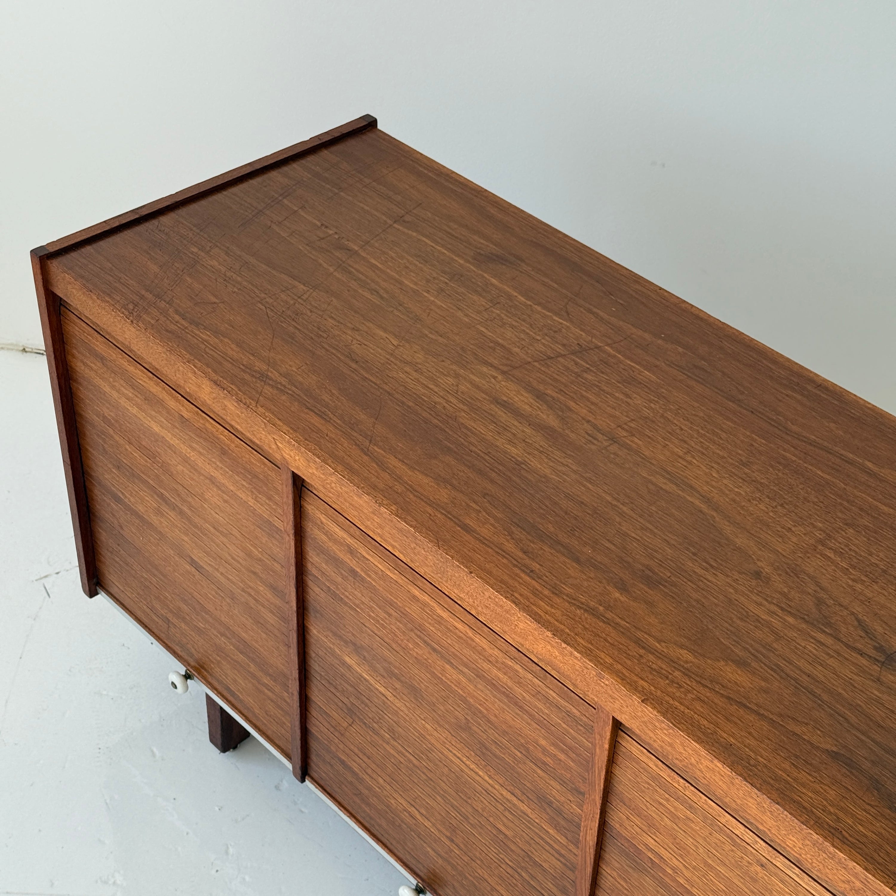 Mid Century Walnut Roll Up Credenza