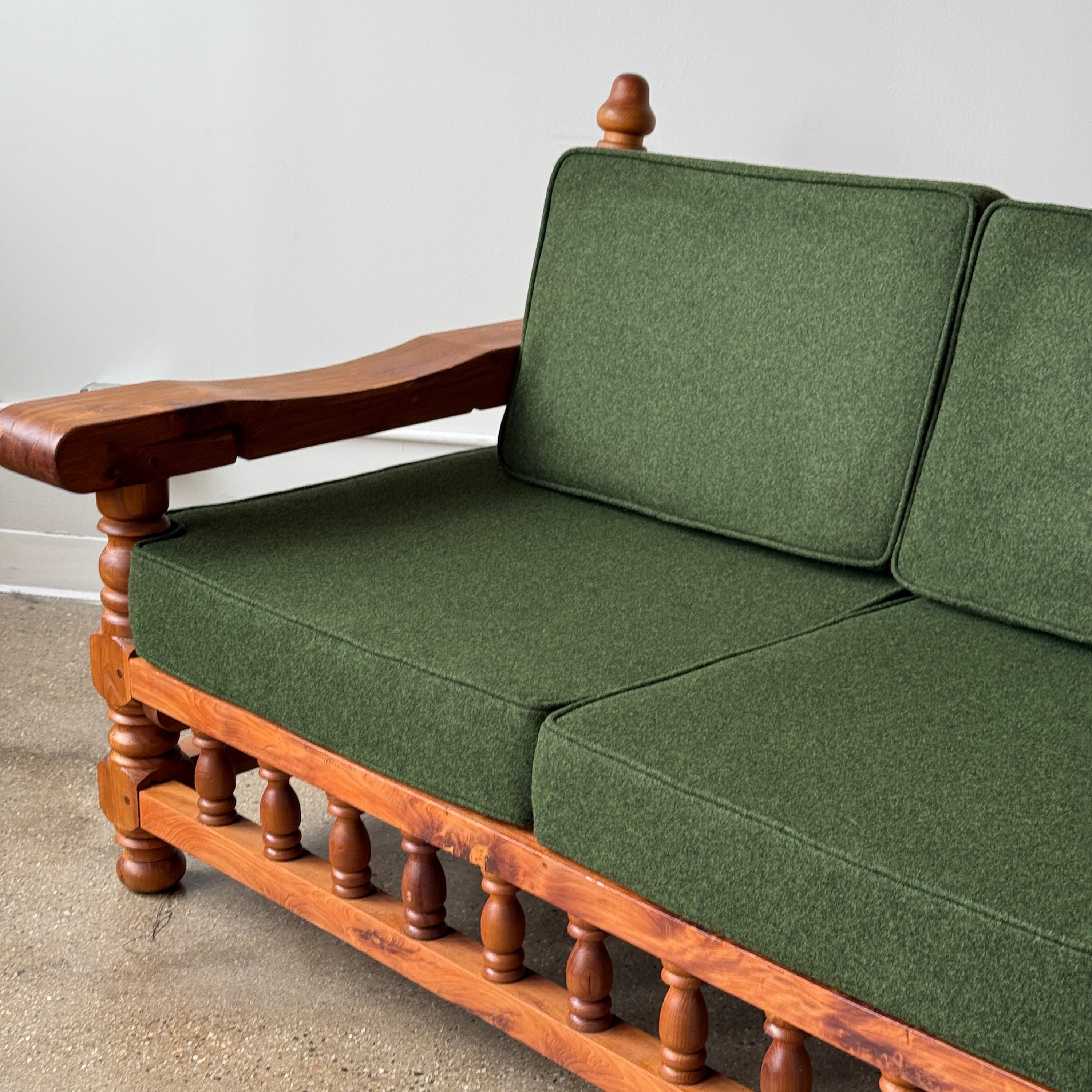 Brutalist Carved Pine Sofa in Green Wool