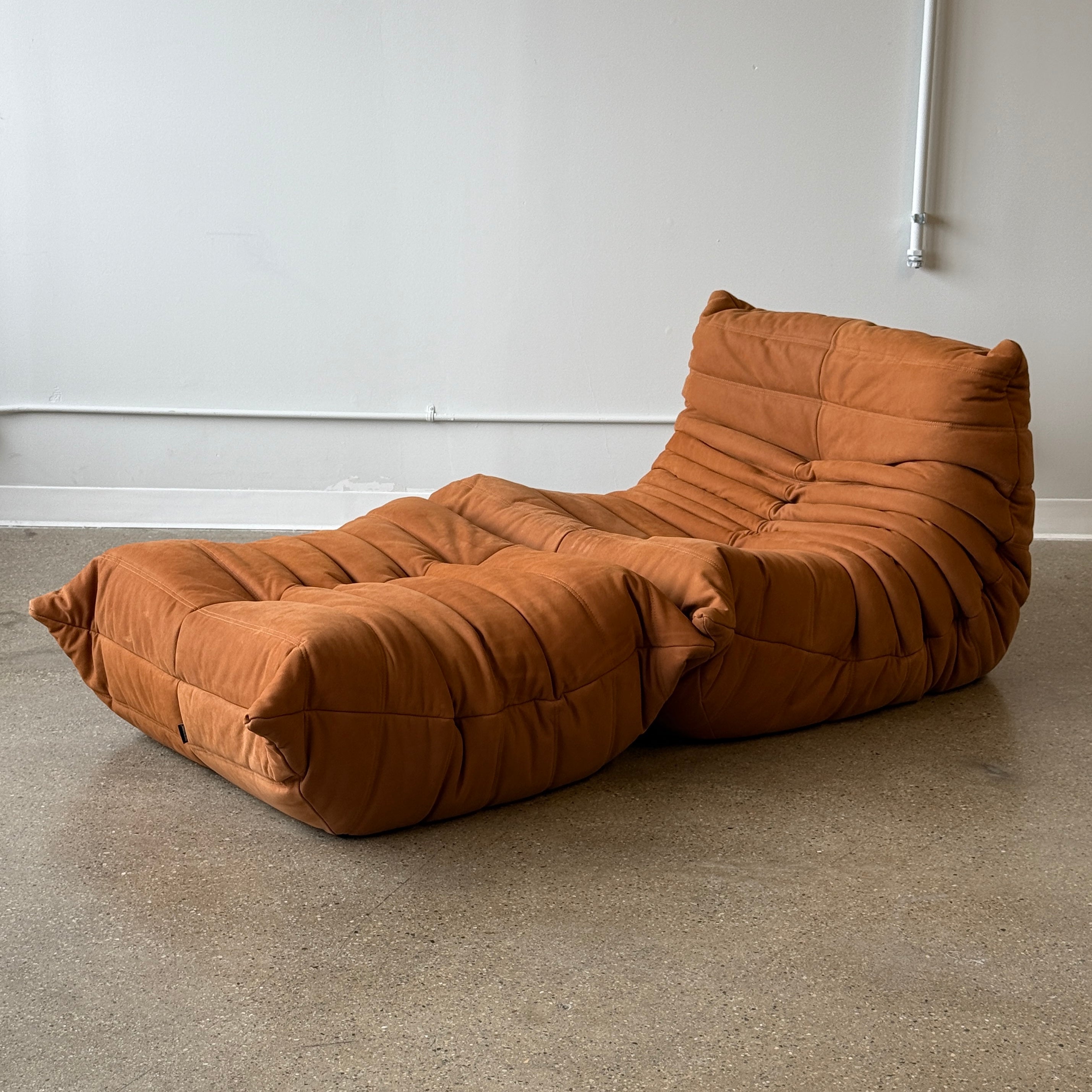 Togo Lounge Chair + Ottoman by Michel Ducaroy for Ligne Roset in Brown Leather