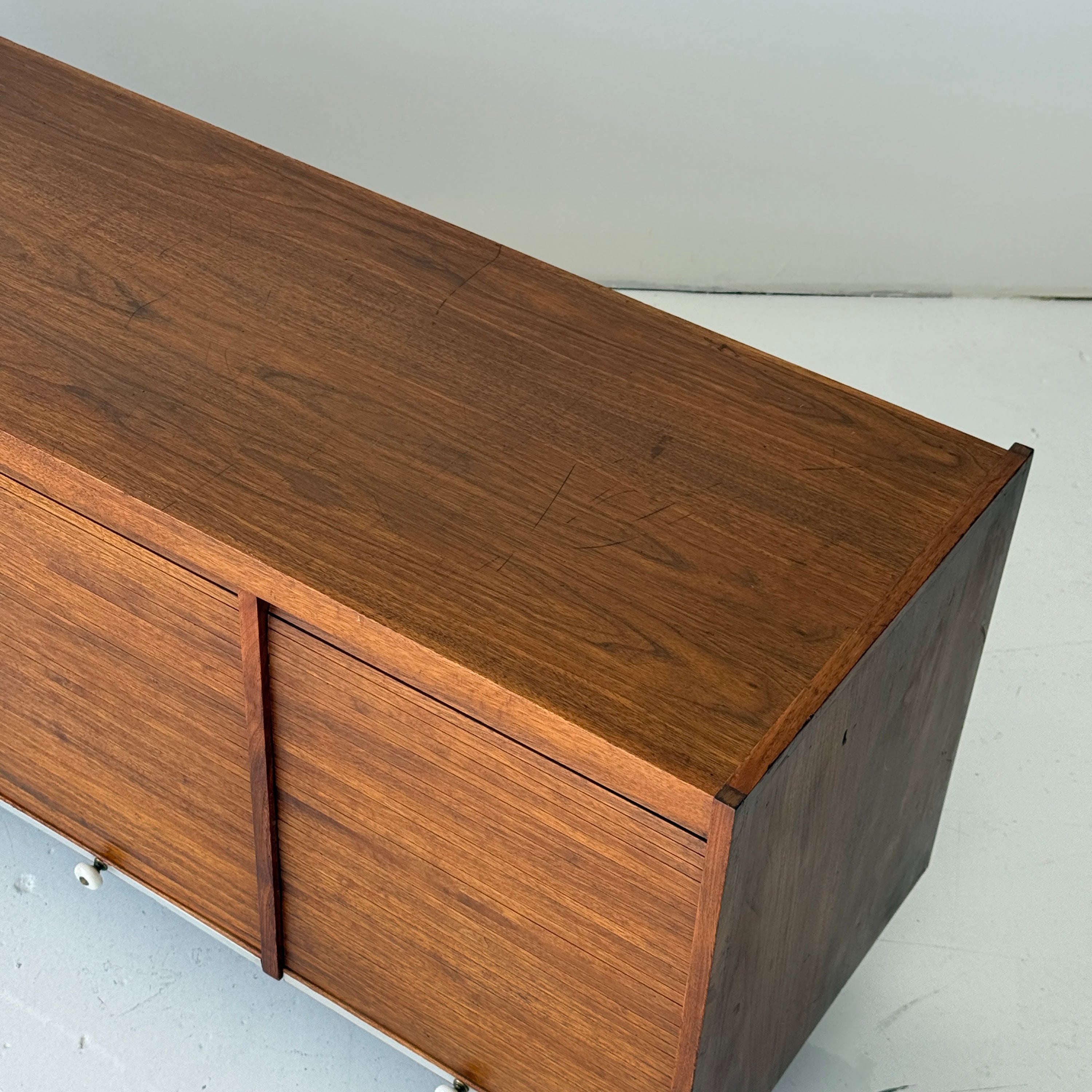 Mid Century Walnut Roll Up Credenza