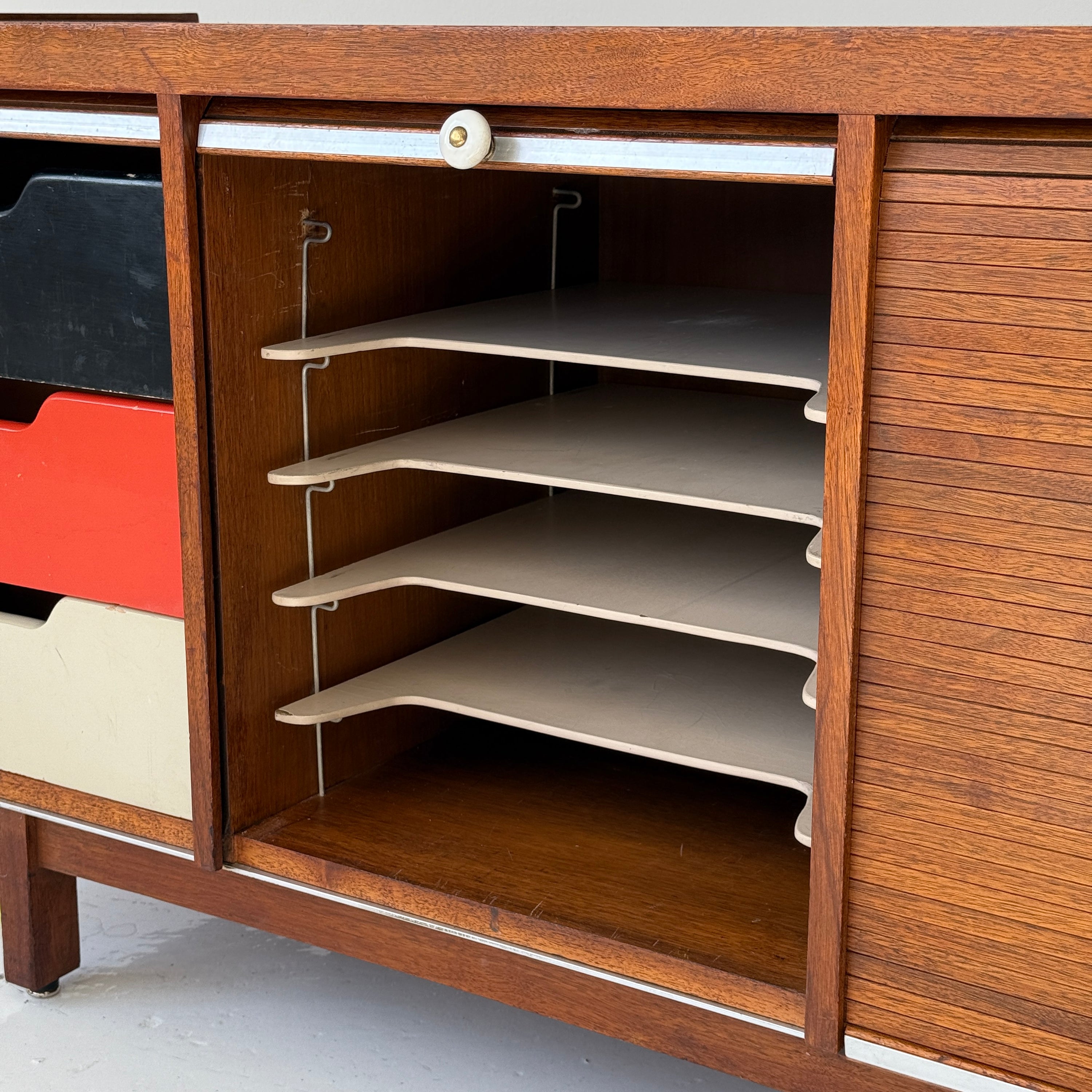 Mid Century Walnut Roll Up Credenza