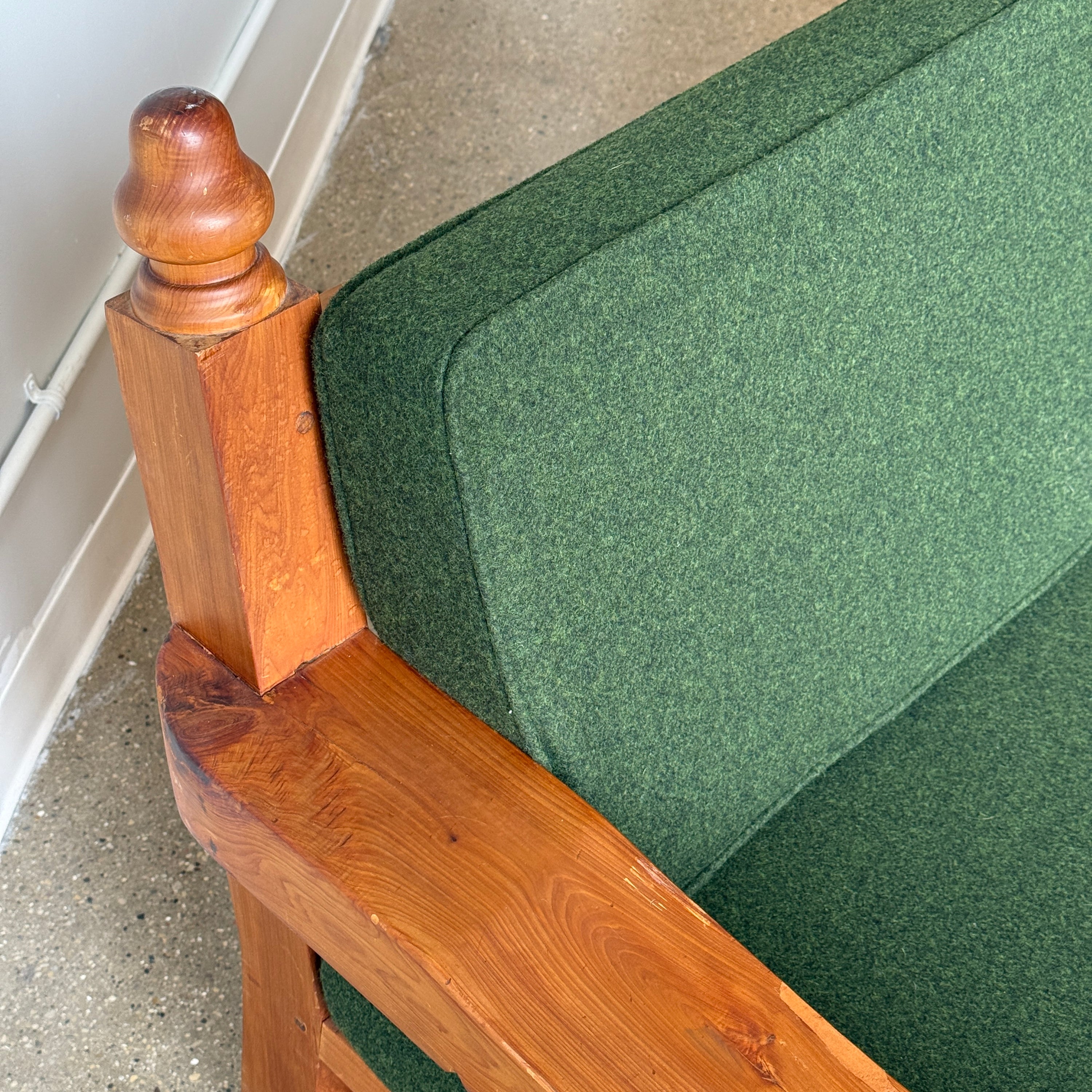 Brutalist Carved Pine Sofa in Green Wool