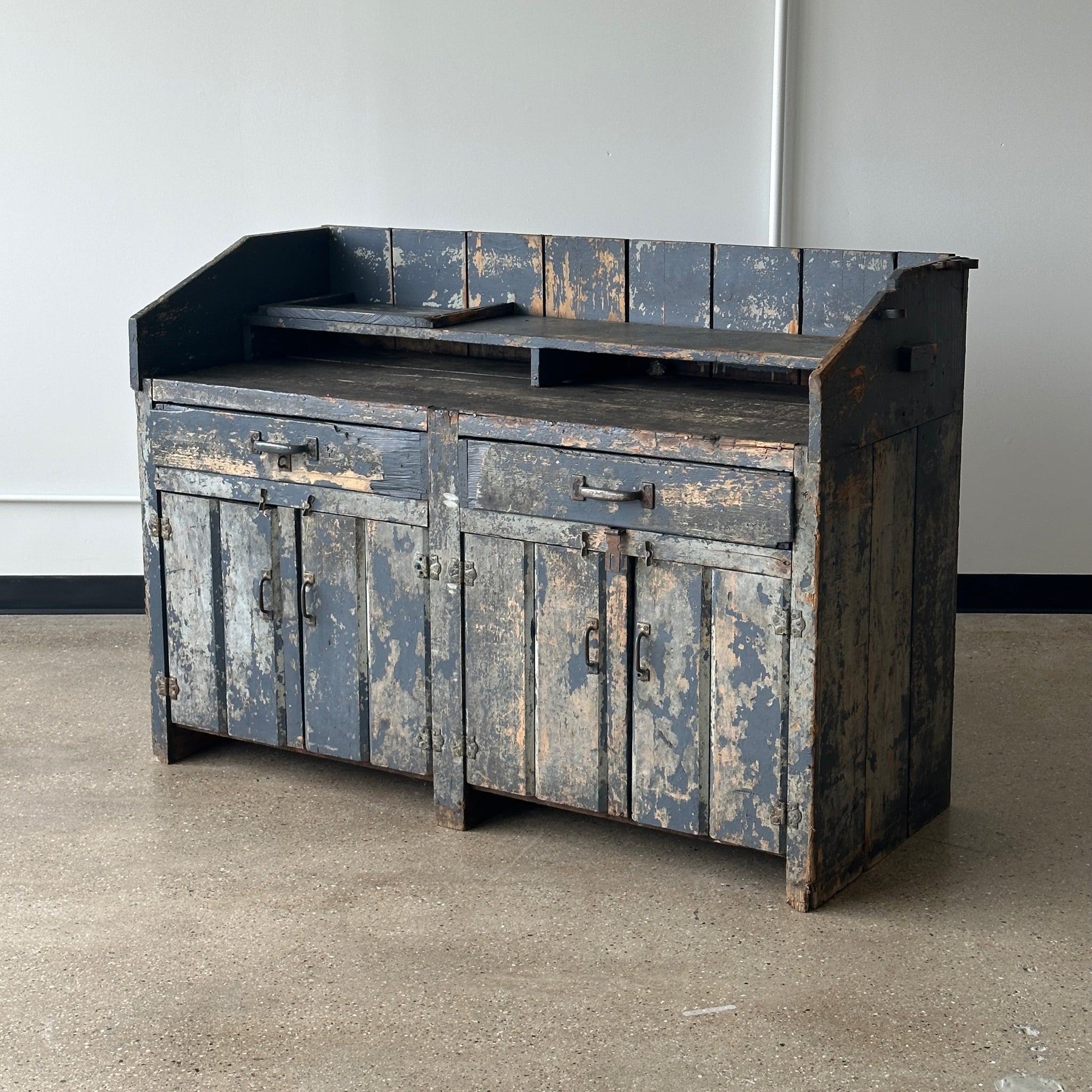 Primitive Weathered Antique Workbench/Hutch