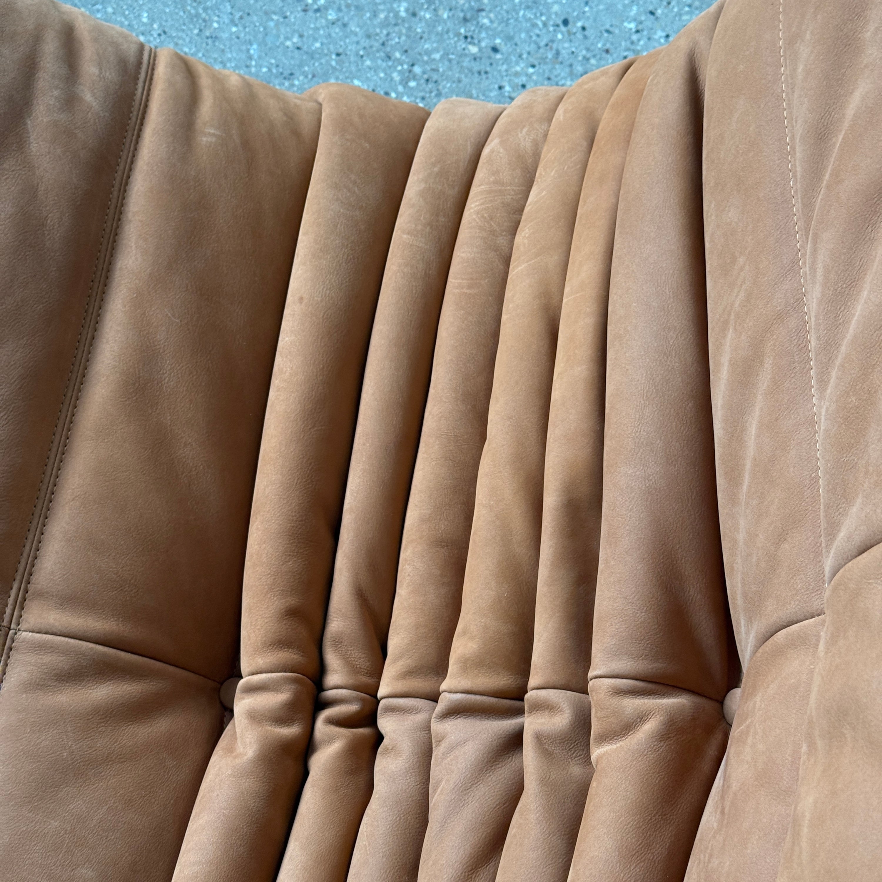 Togo Lounge Chair + Ottoman by Michel Ducaroy for Ligne Roset in Brown Leather