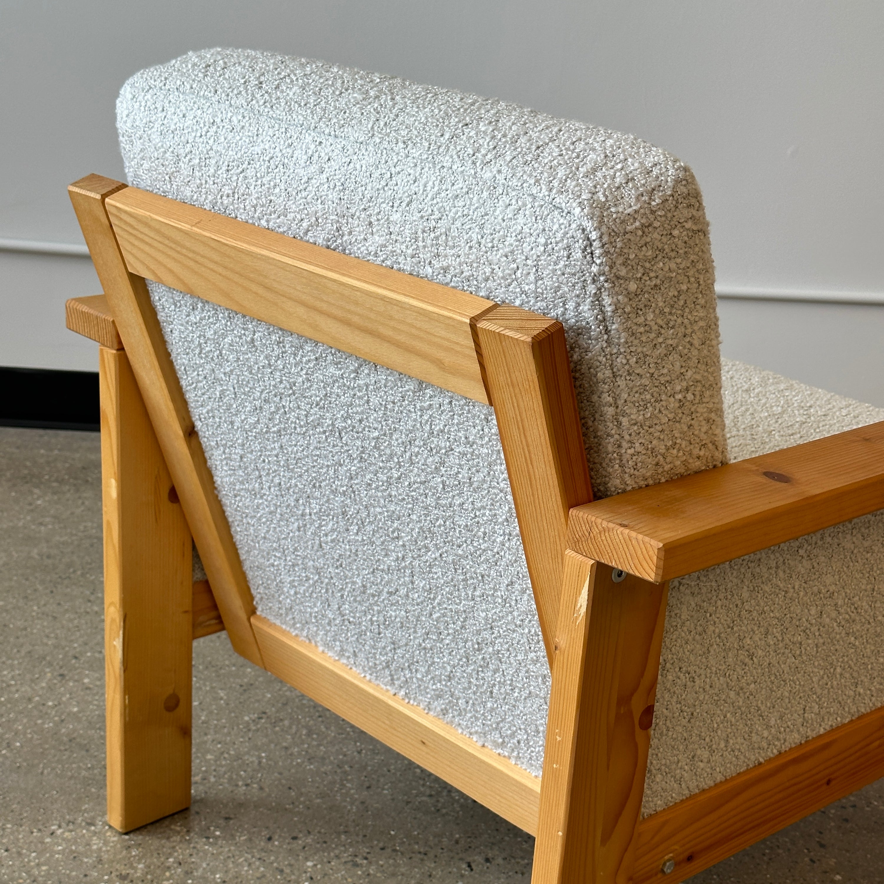 Swedish Pine Lounge Chair in Nubby Boucle