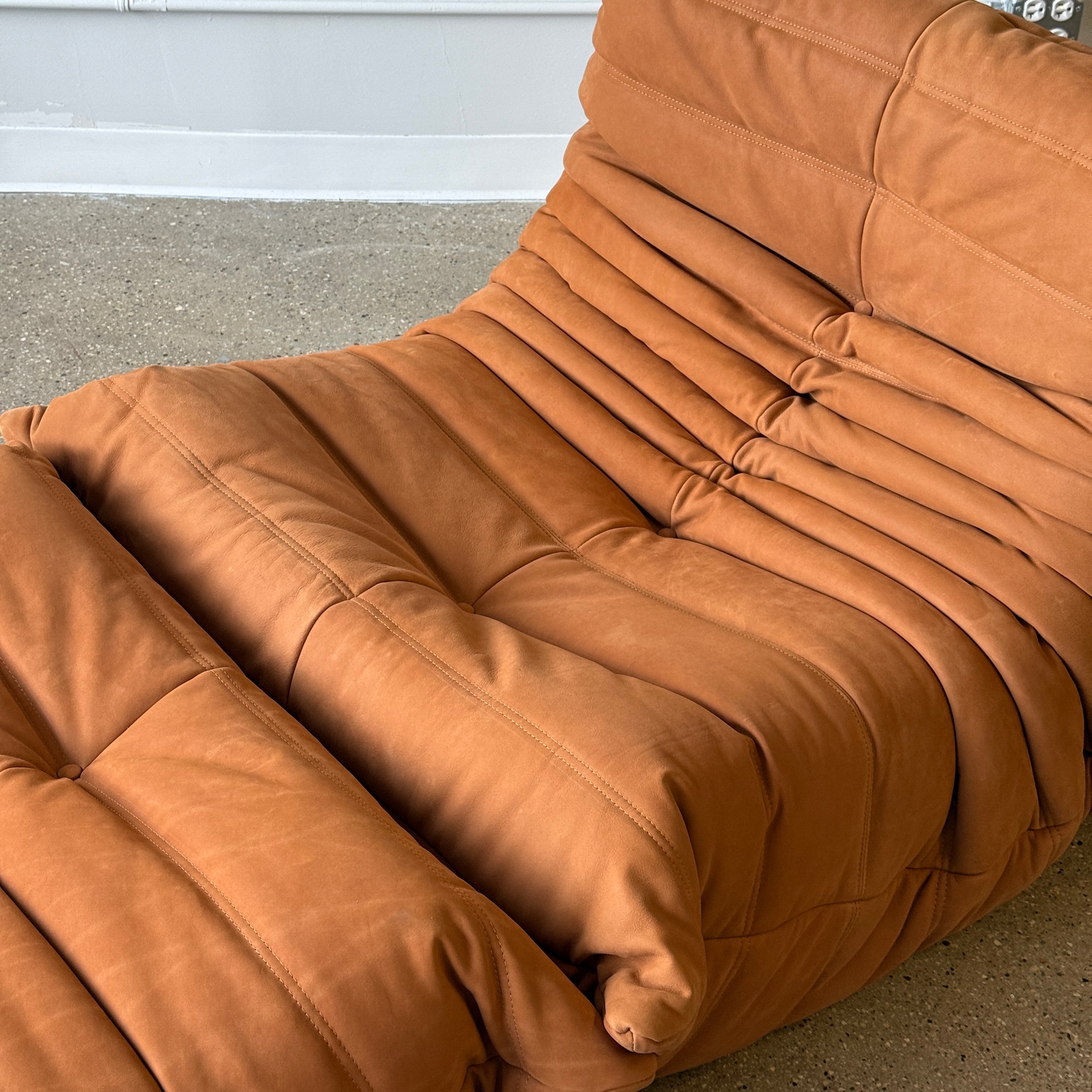 Togo Lounge Chair + Ottoman by Michel Ducaroy for Ligne Roset in Brown Leather