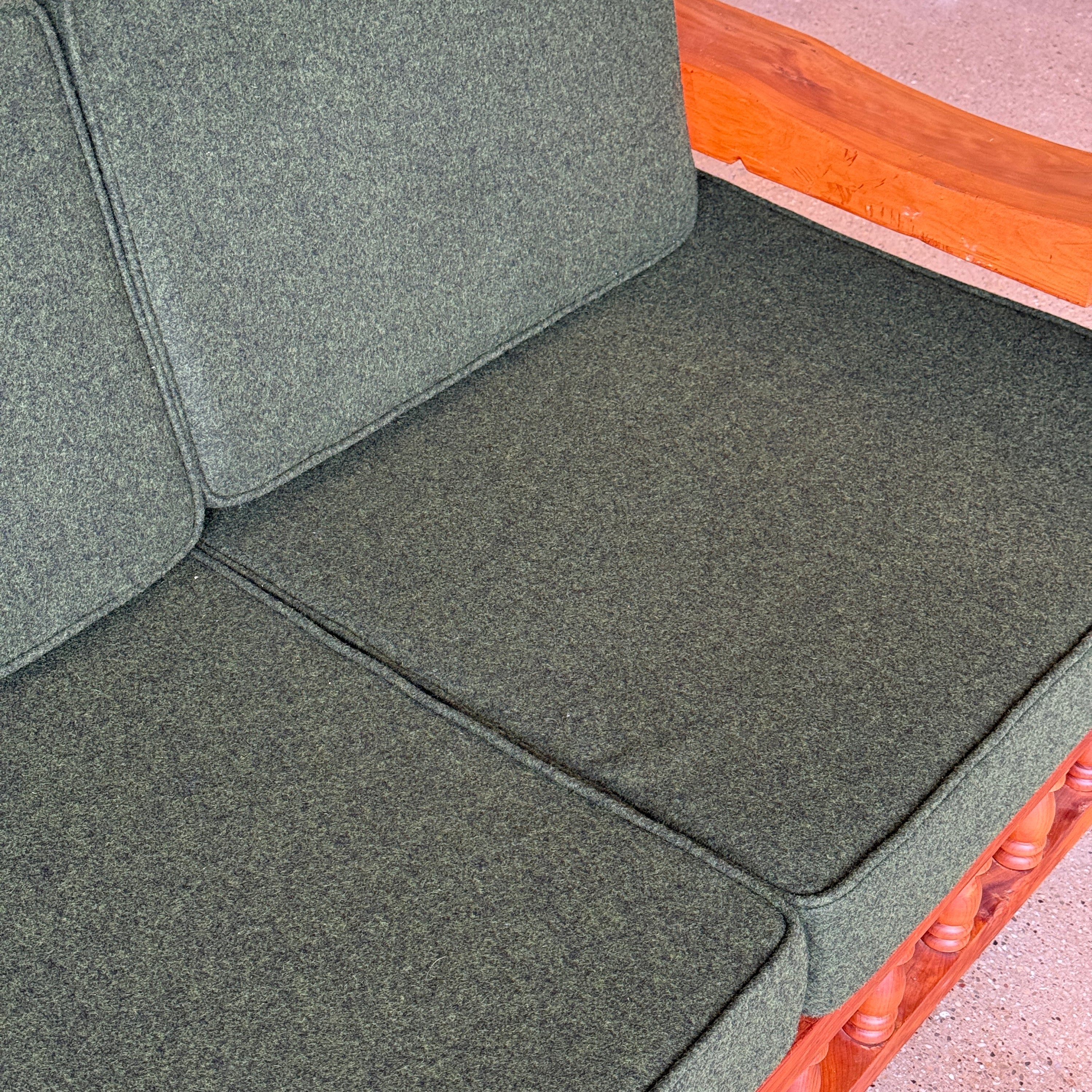 Brutalist Carved Pine Sofa in Green Wool