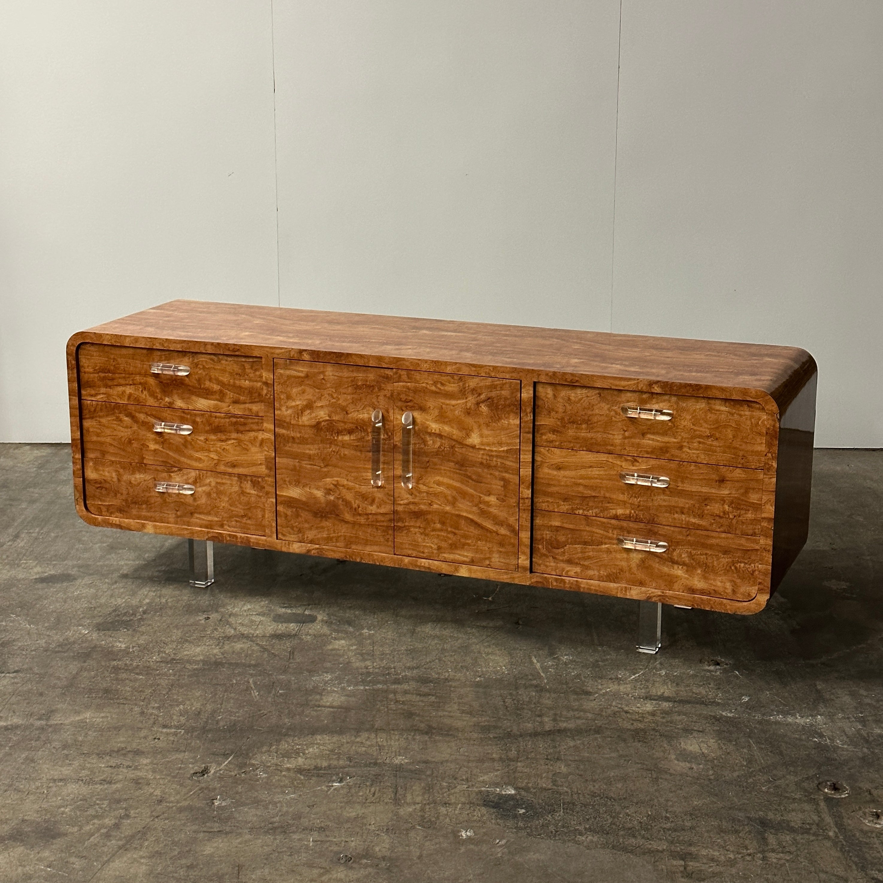 Vintage Lucite + Faux Burl Laminate Credenza
