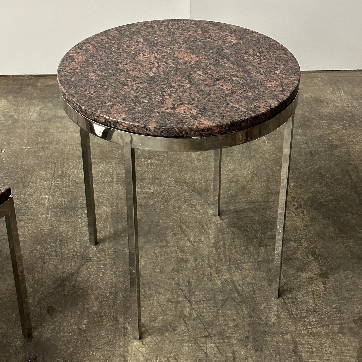 Red Granite + Chrome Tables by Nicos Zographos