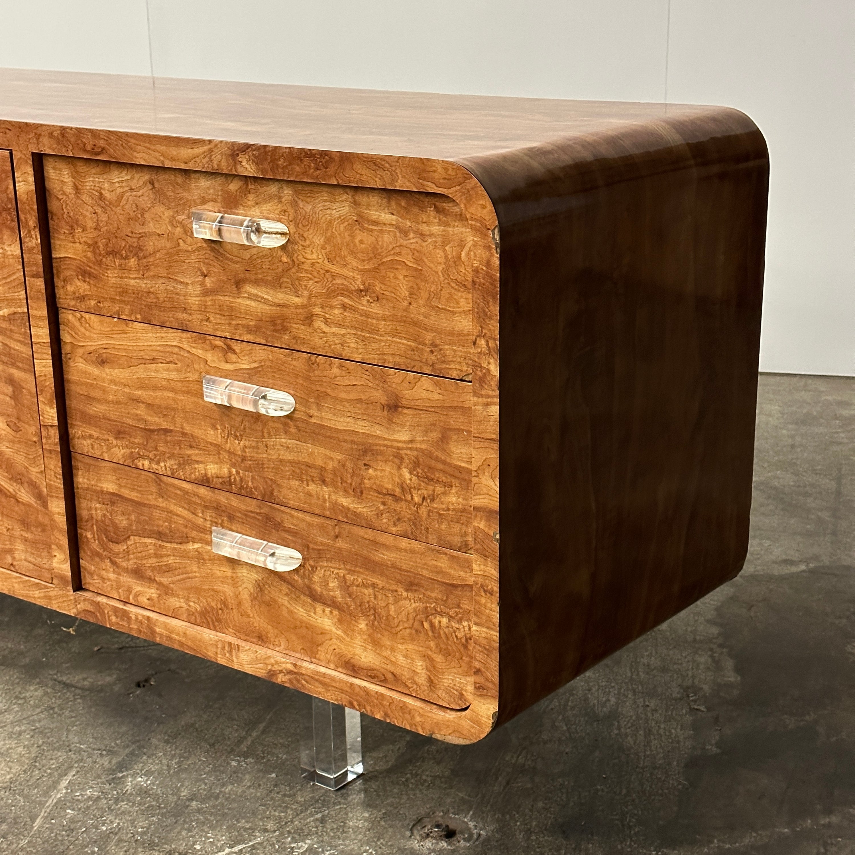 Vintage Lucite + Faux Burl Laminate Credenza
