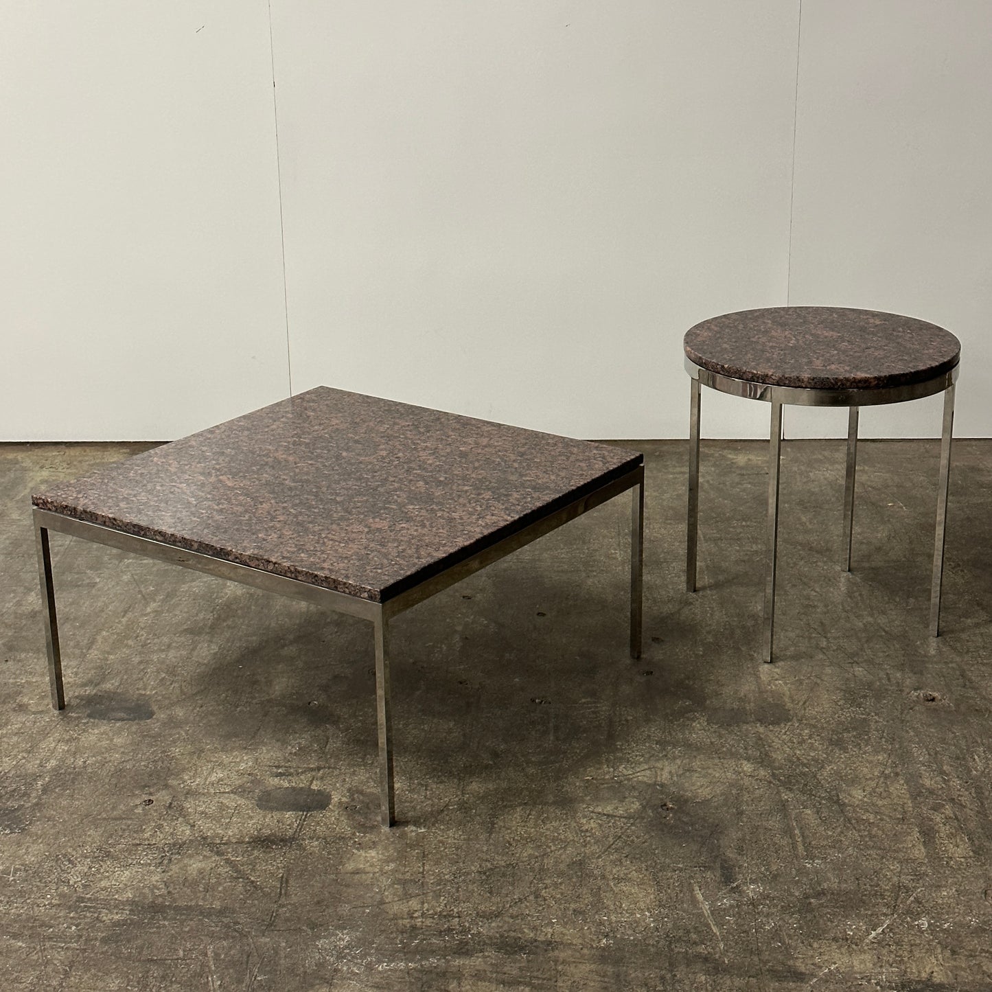 Red Granite + Chrome Tables by Nicos Zographos