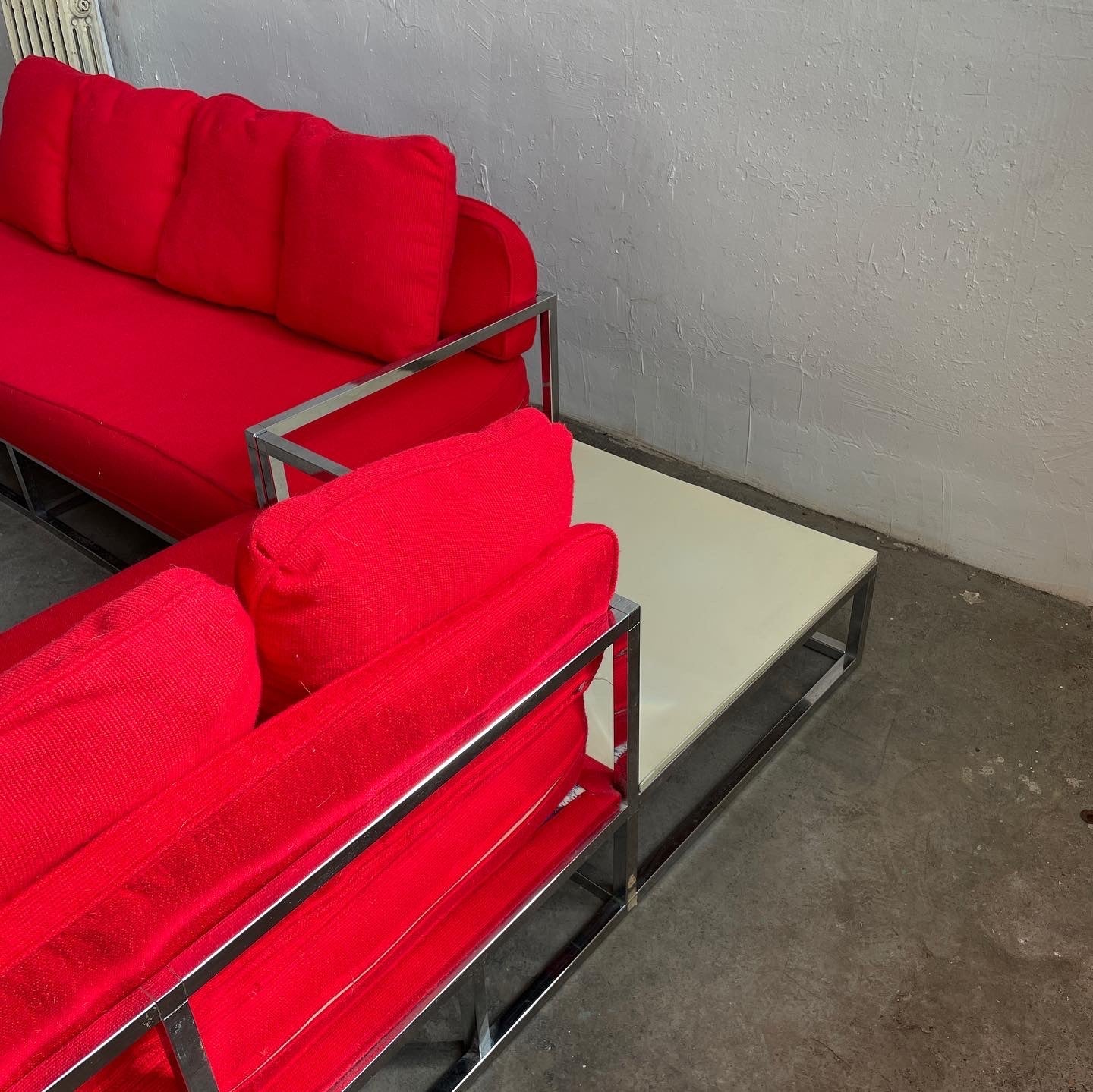 Integral Cubics Chrome and Red Wool Upholstered Sectional + Matching Coffee Table