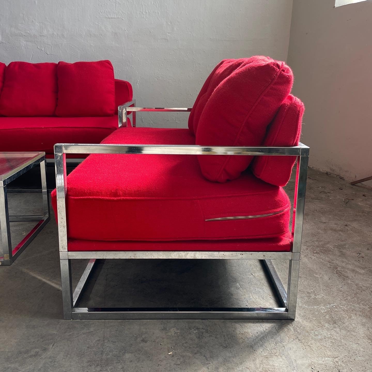 Integral Cubics Chrome and Red Wool Upholstered Sectional + Matching Coffee Table