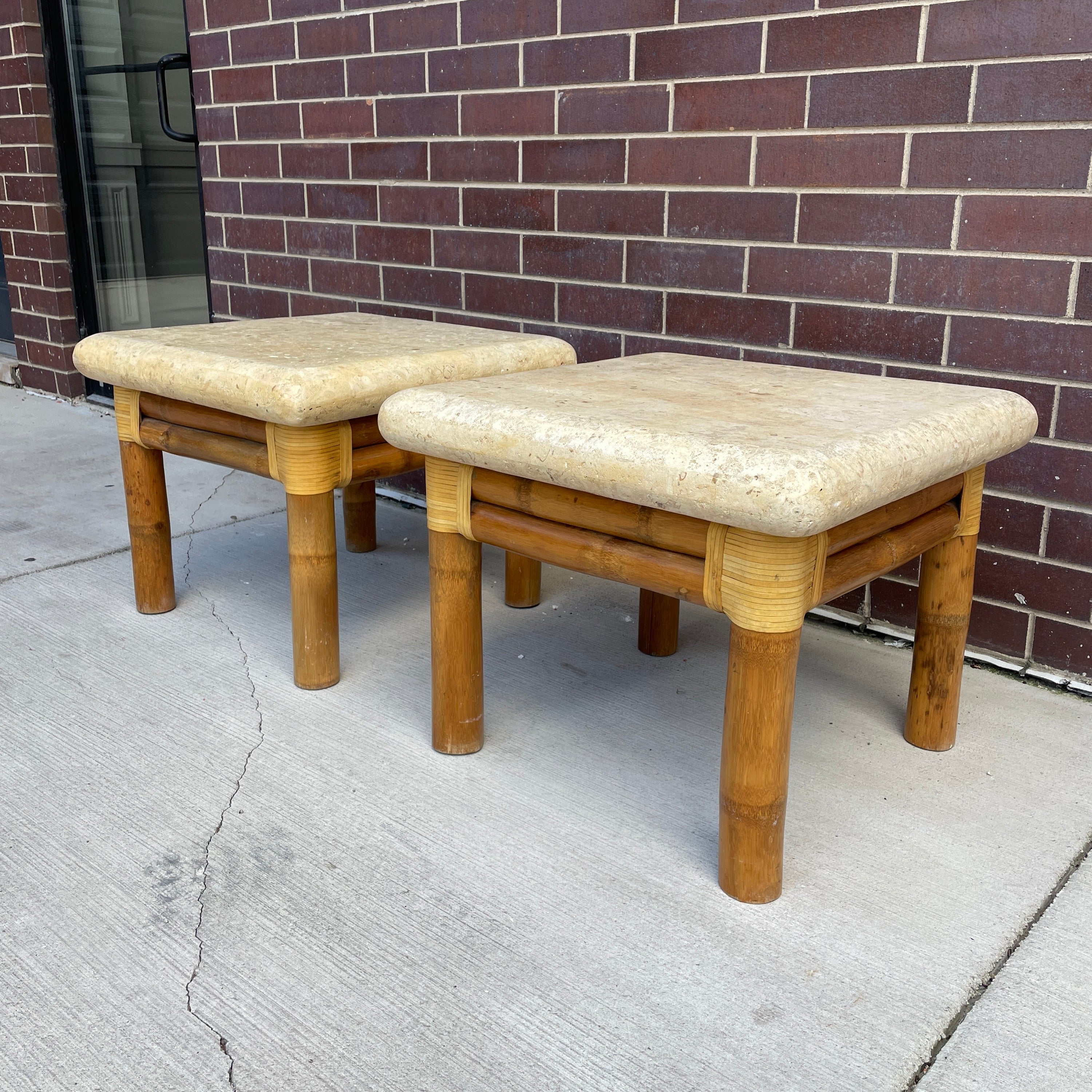 Pair of Bamboo & Tessellated Stone Side Tables by Antonio Budji Layung