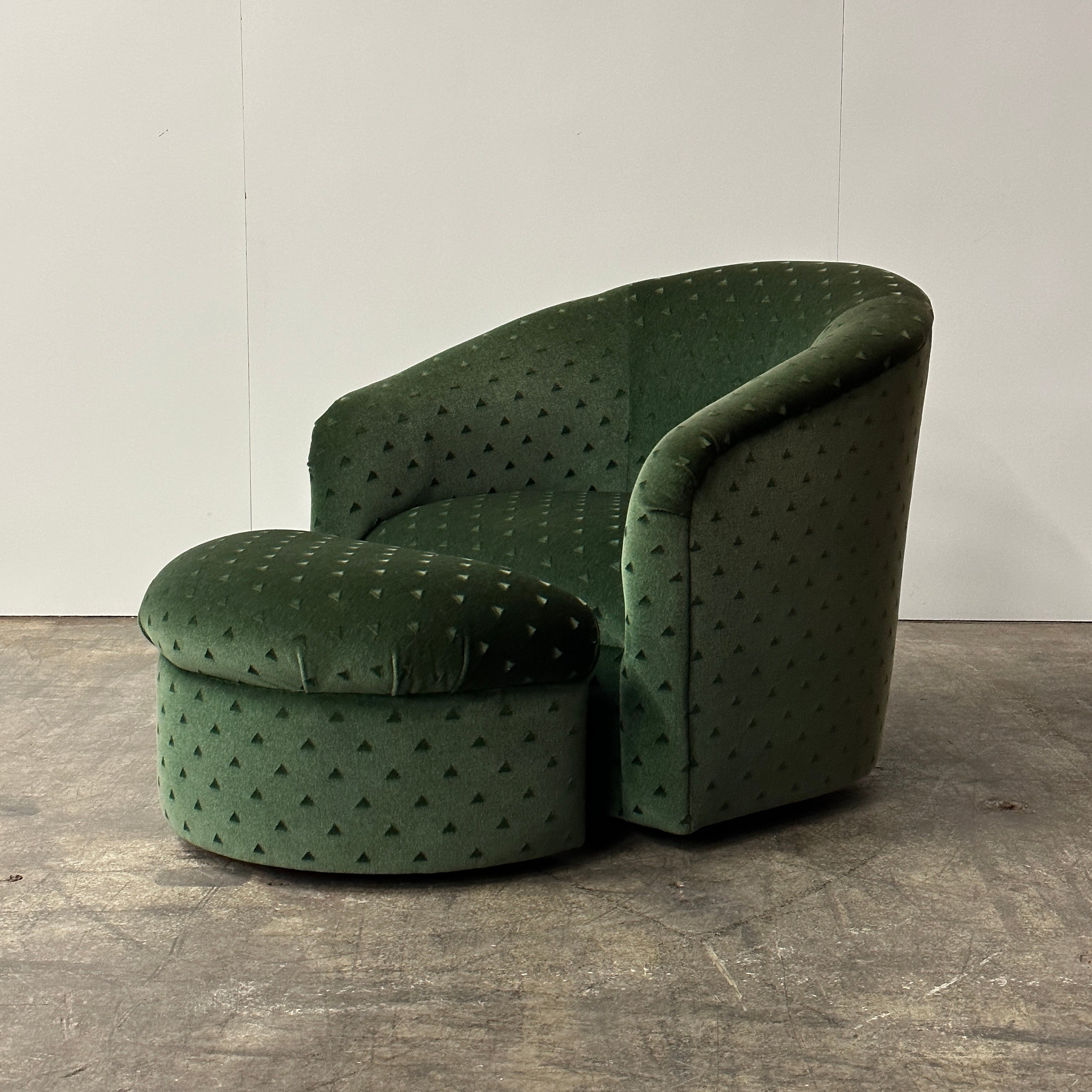 Postmodern Curvy Chair + Ottoman in Green Mohair