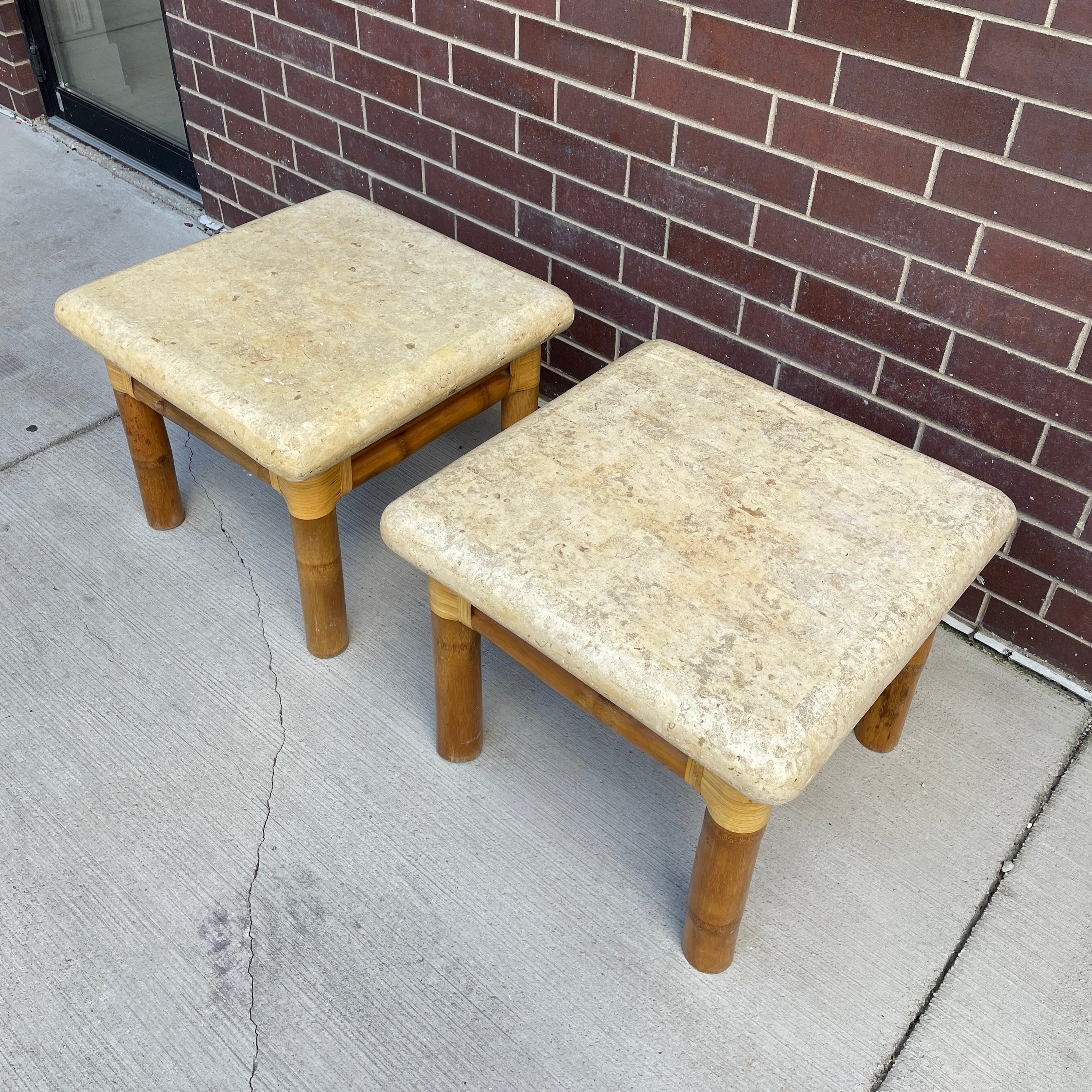 Pair of Bamboo & Tessellated Stone Side Tables by Antonio Budji Layung