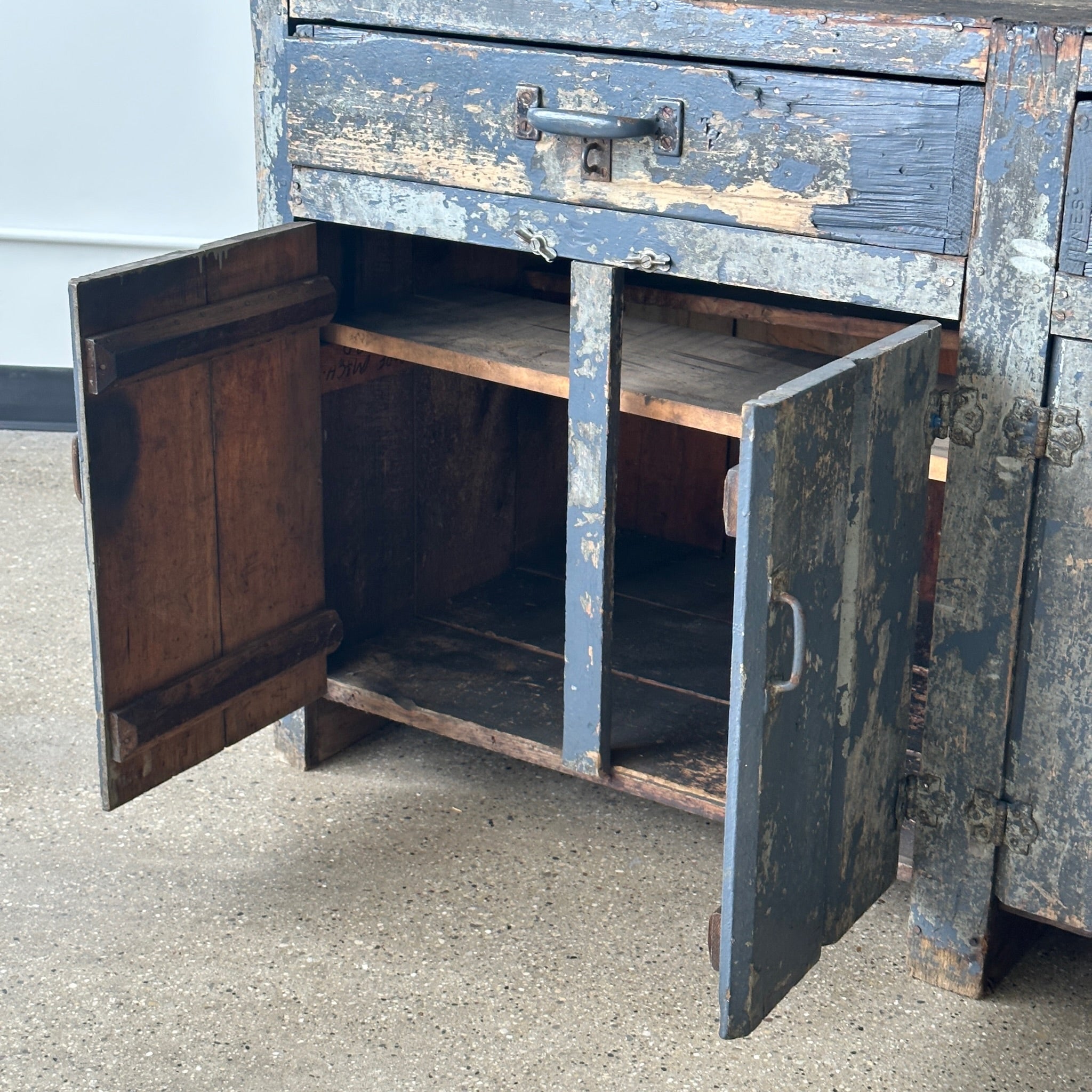 Primitive Weathered Antique Workbench/Hutch