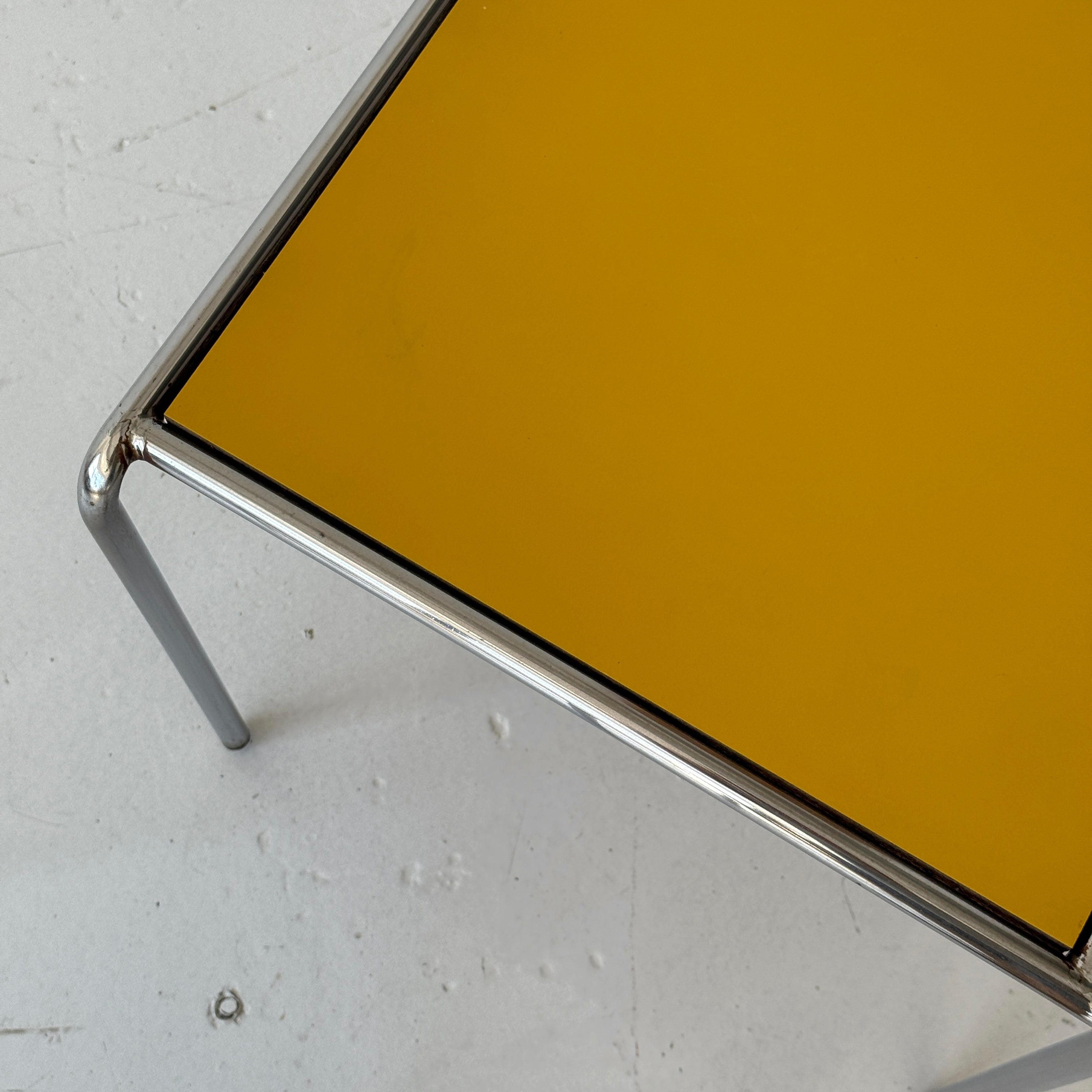Chrome Asymmetrical Yellow Laminate End/Side Tables