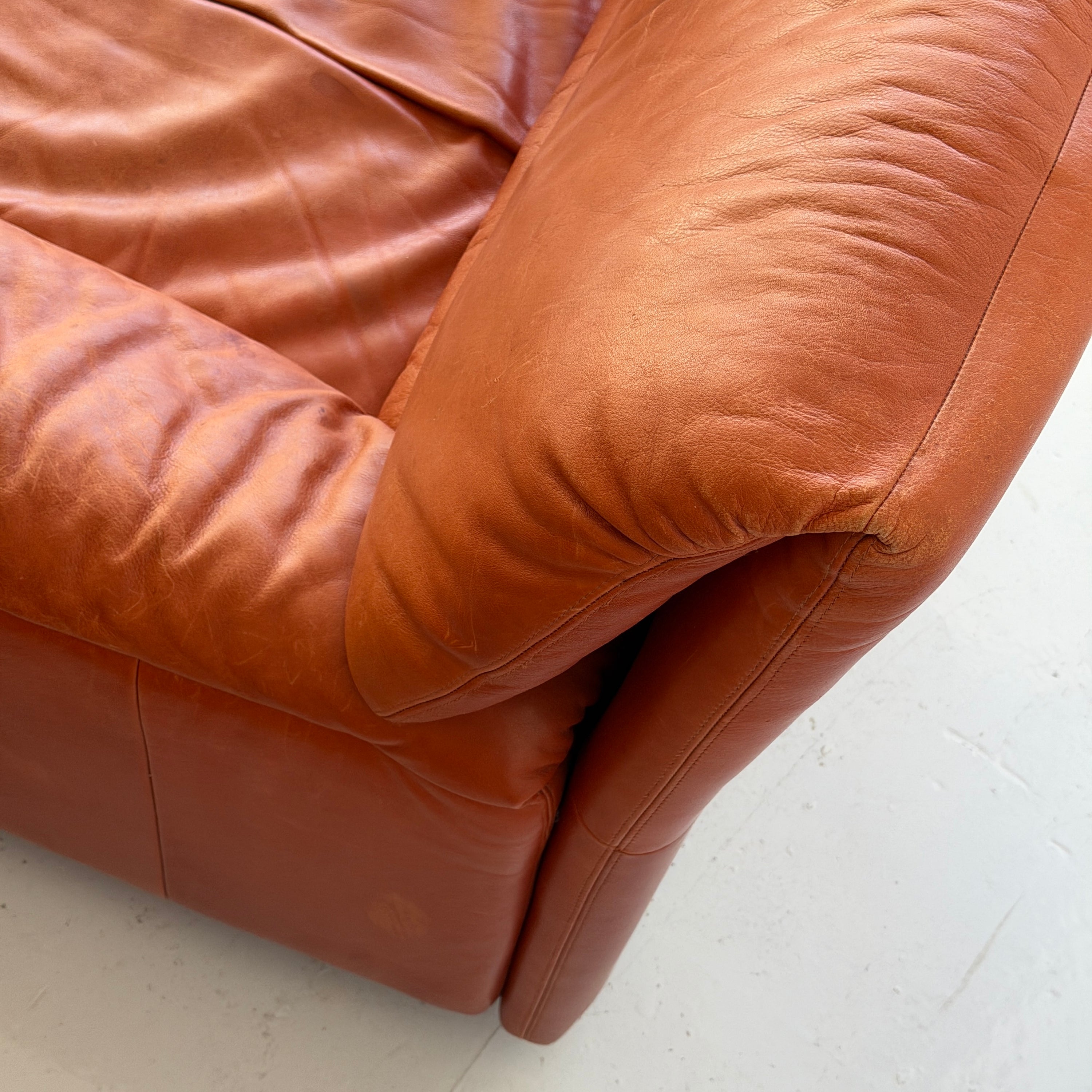 German Orange Leather Lounge Chairs + Ottoman by Dreipunkt