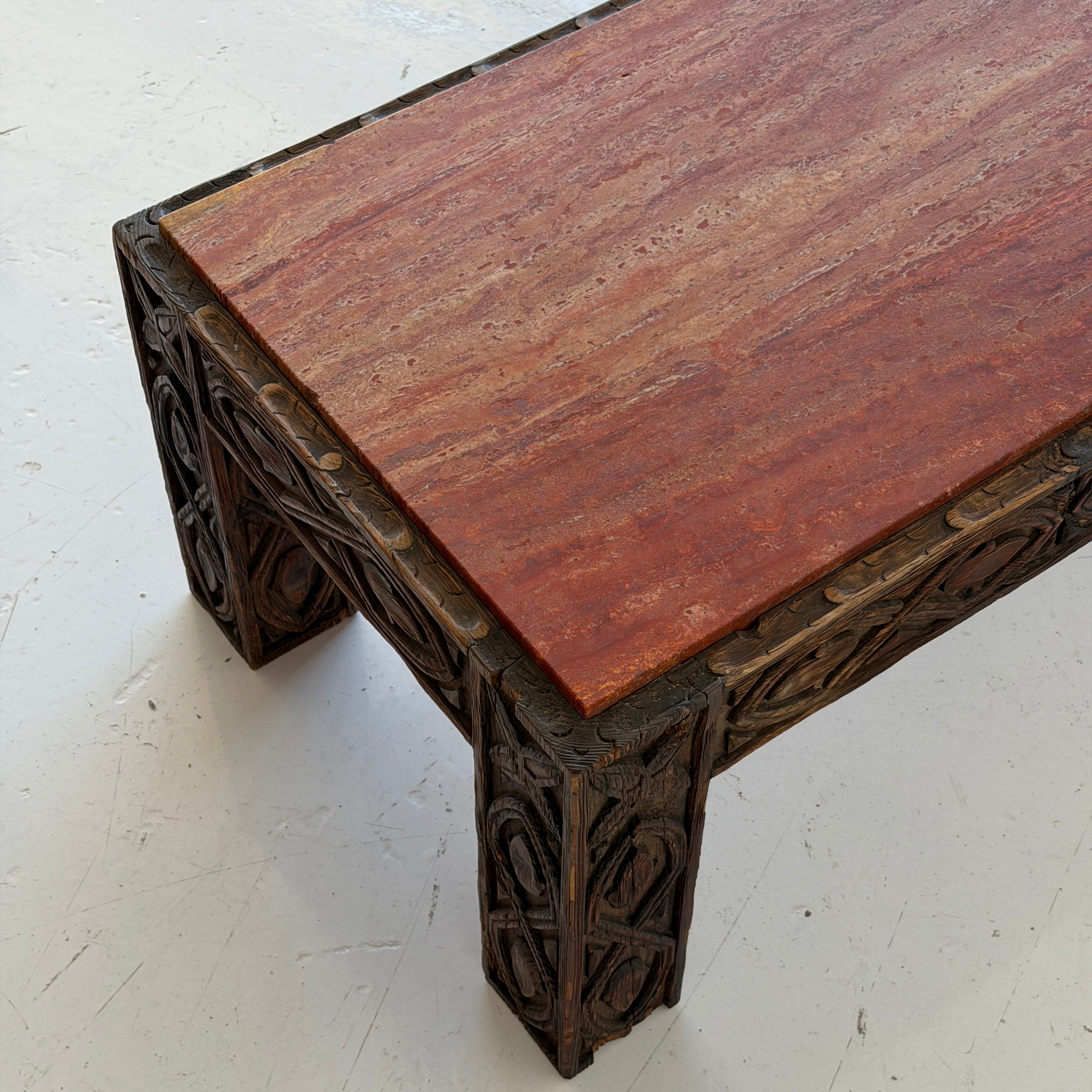 Red Persian Travertine Carved Wood Coffee Table