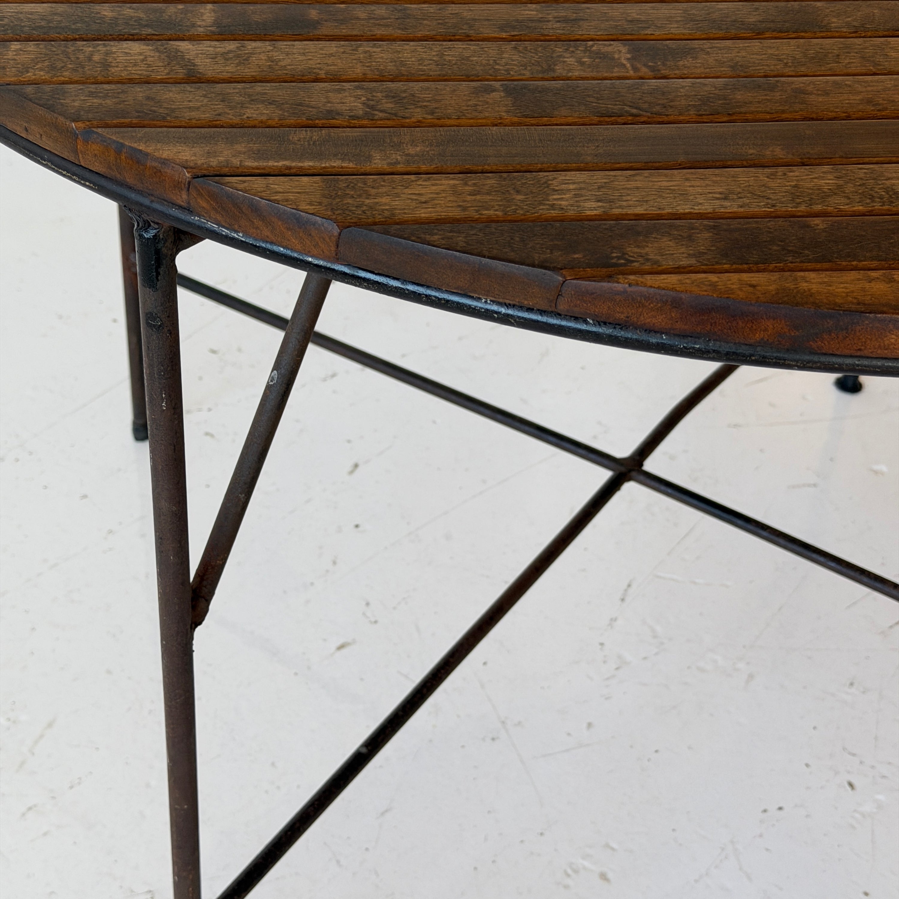 Iron/Wood Slat Circle Dining Table by Arthur Umanoff