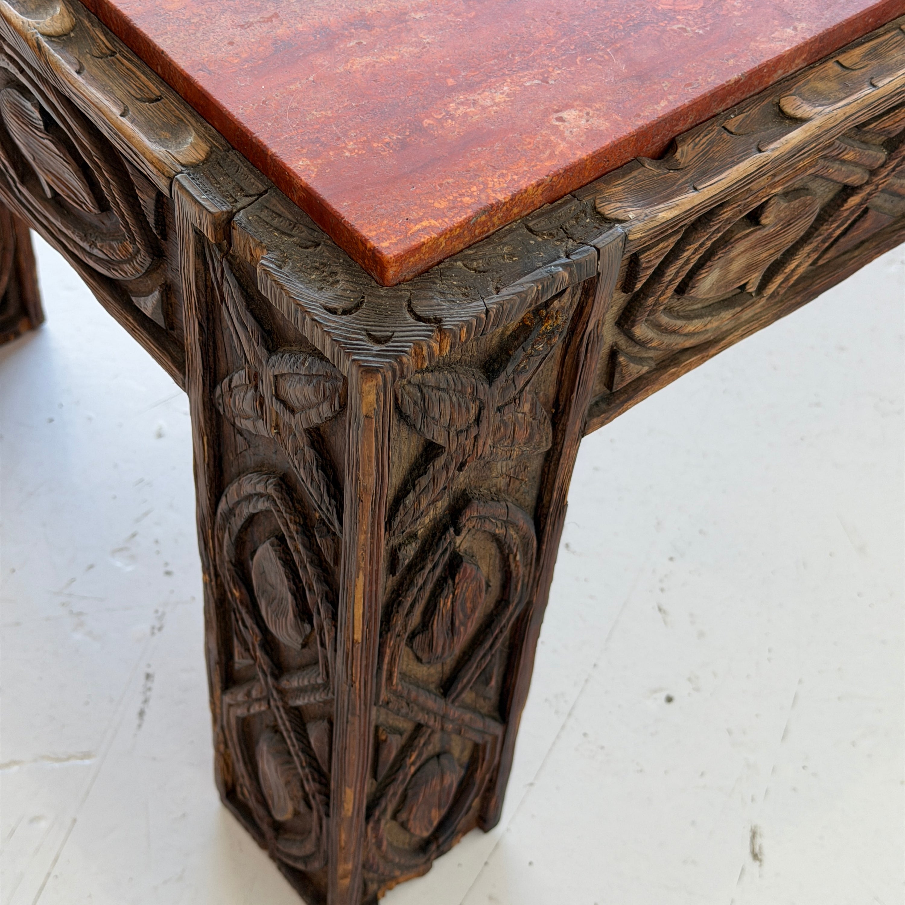 Red Persian Travertine Carved Wood Coffee Table
