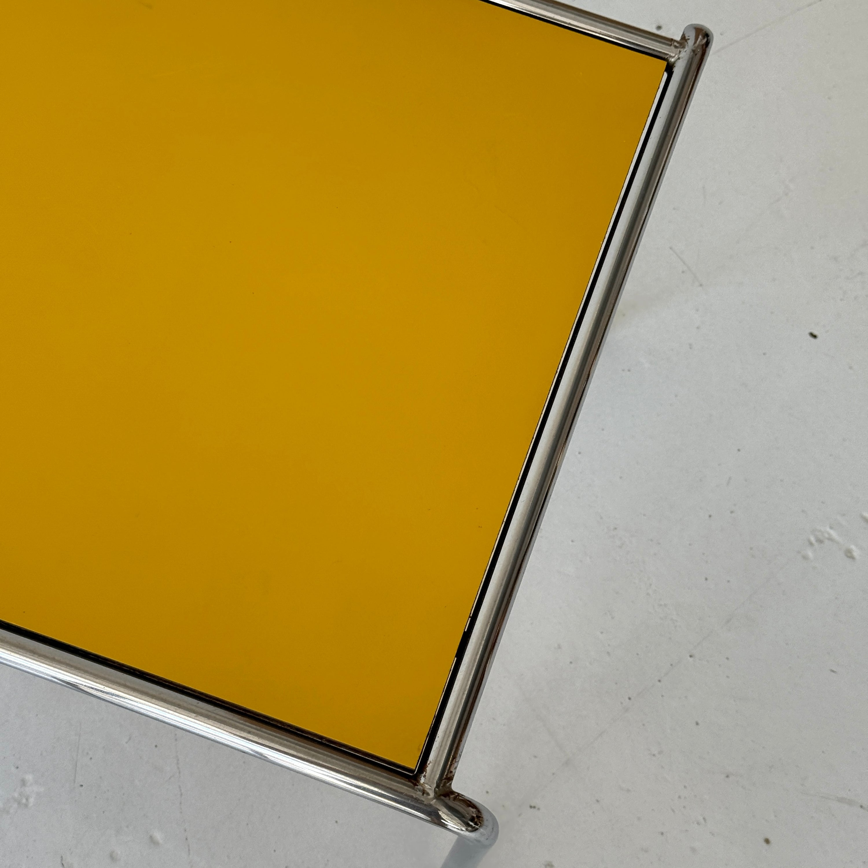 Chrome Asymmetrical Yellow Laminate End/Side Tables