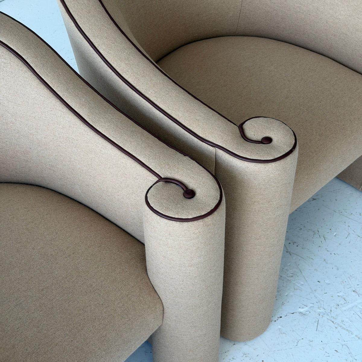 Asymmetrical Scroll Arm Lounge Chairs