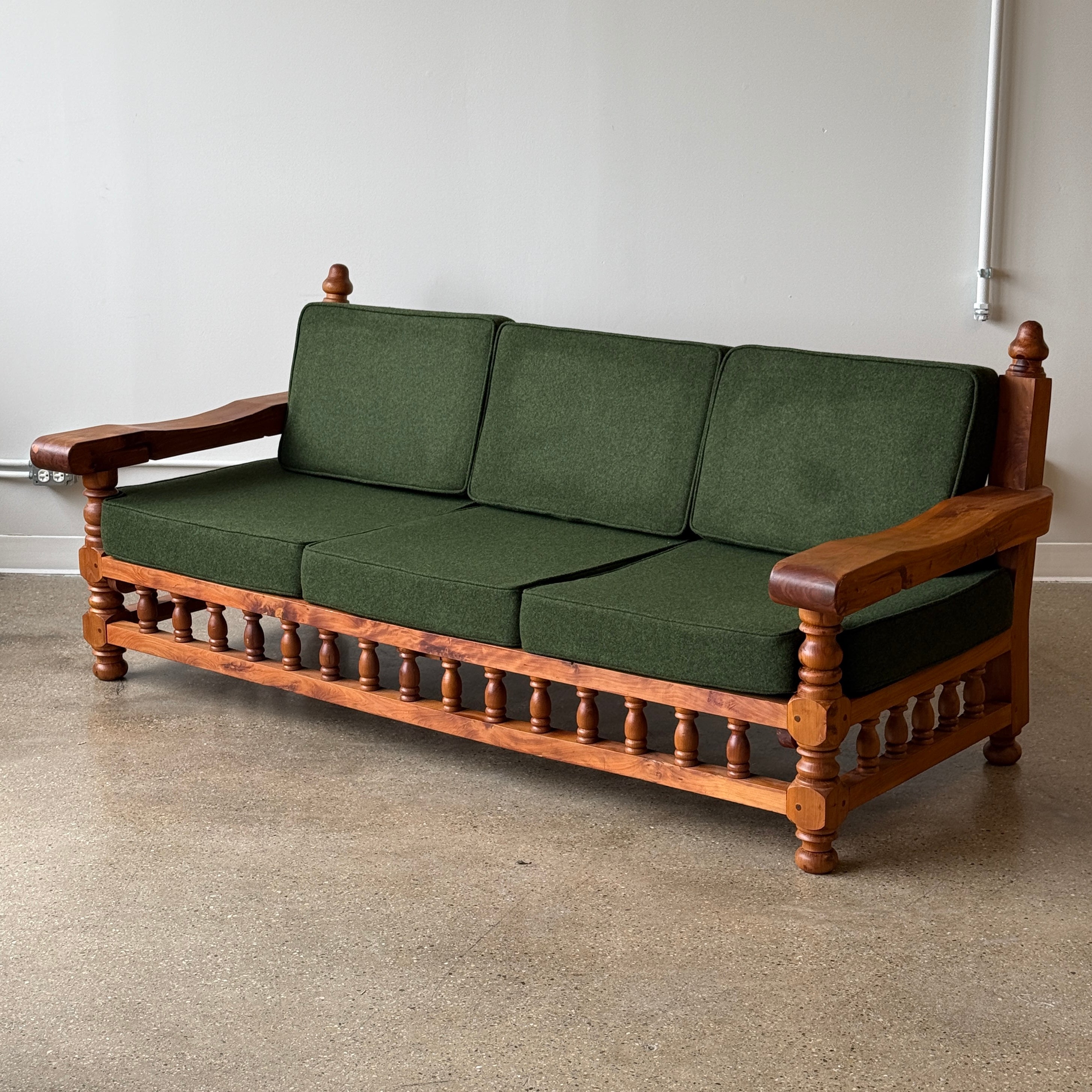 Brutalist Carved Pine Sofa in Green Wool