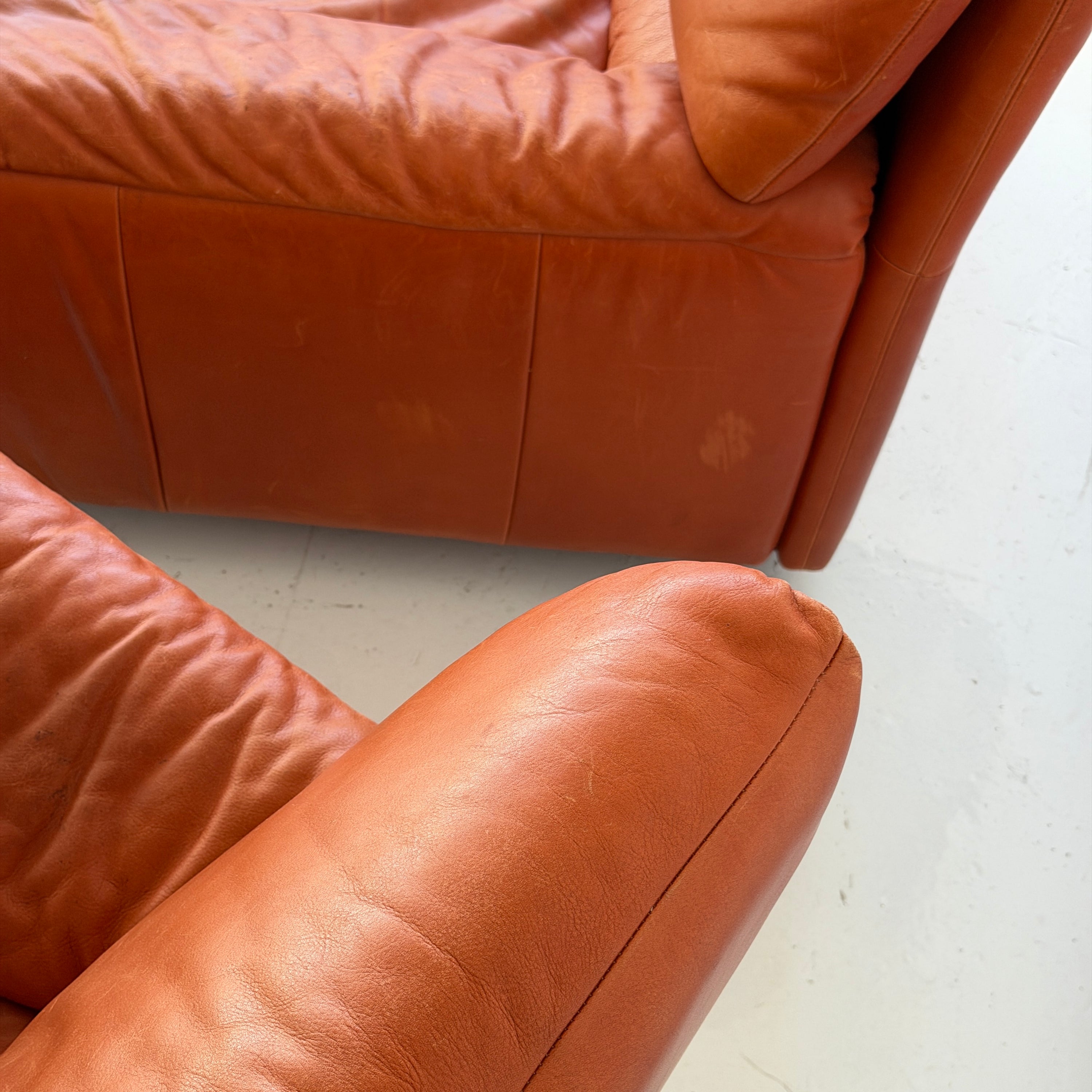German Orange Leather Lounge Chairs + Ottoman by Dreipunkt