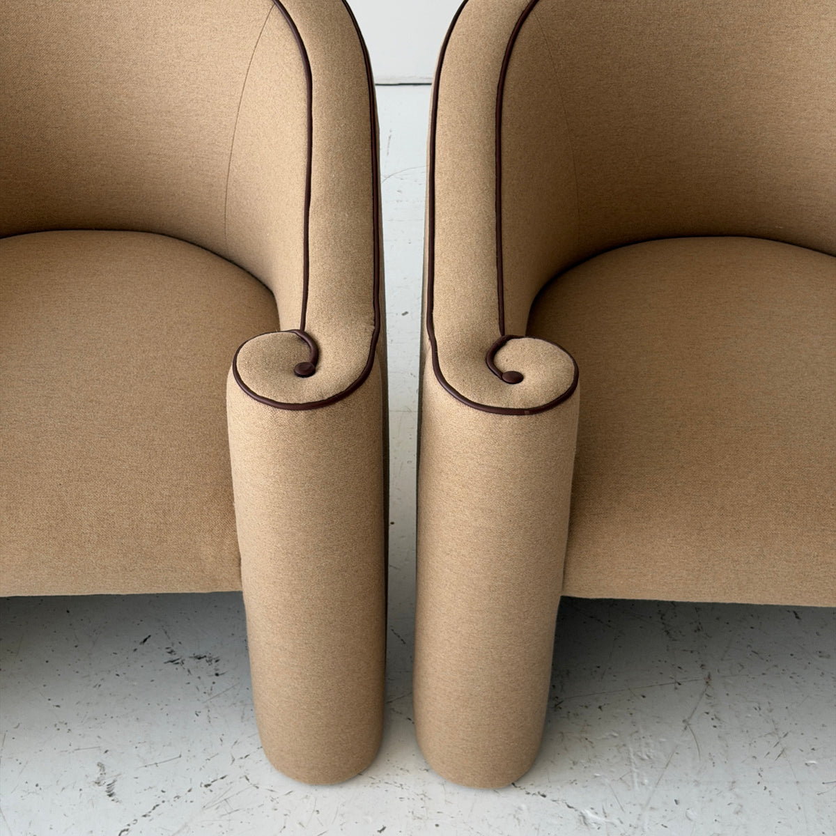 Asymmetrical Scroll Arm Lounge Chairs