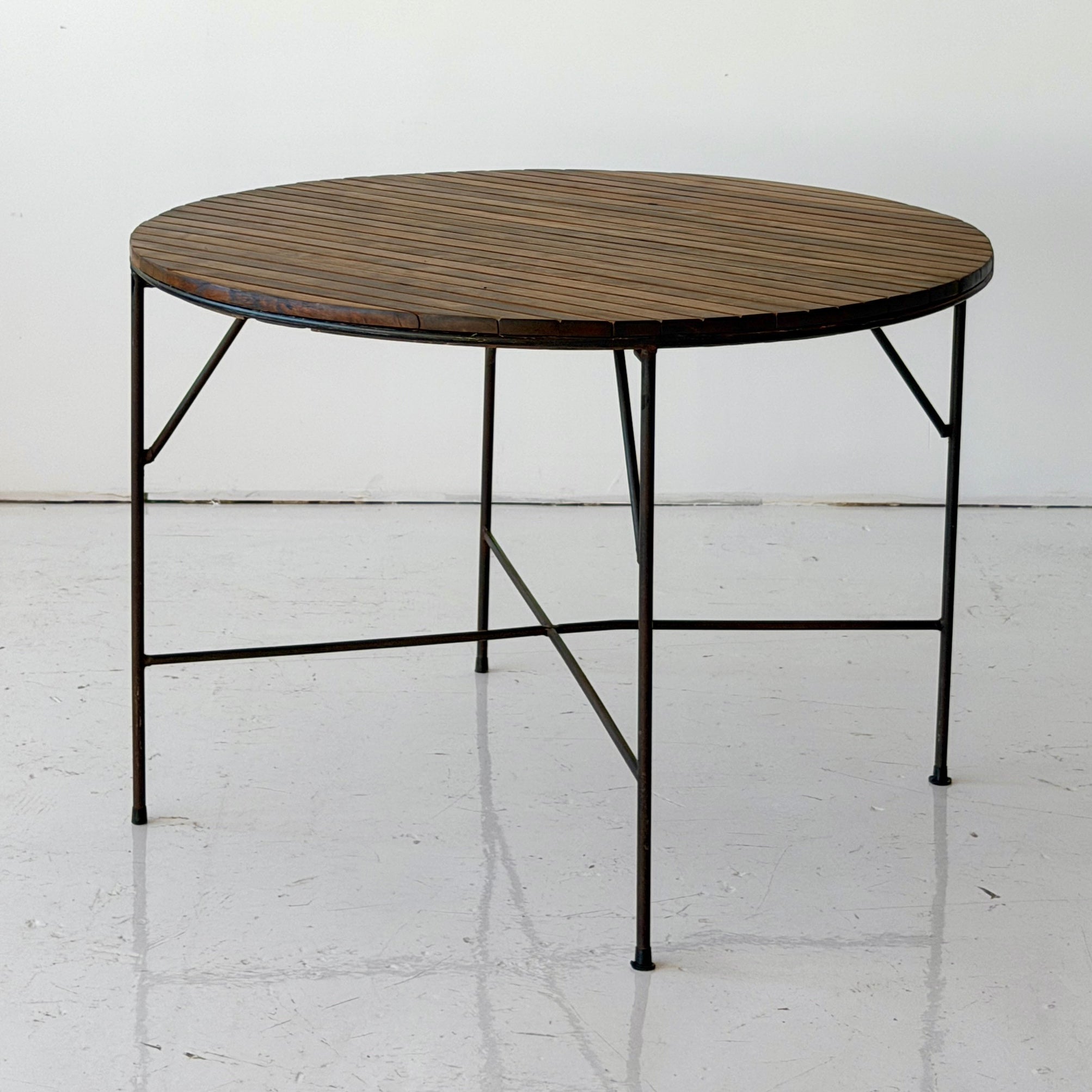Iron/Wood Slat Circle Dining Table by Arthur Umanoff