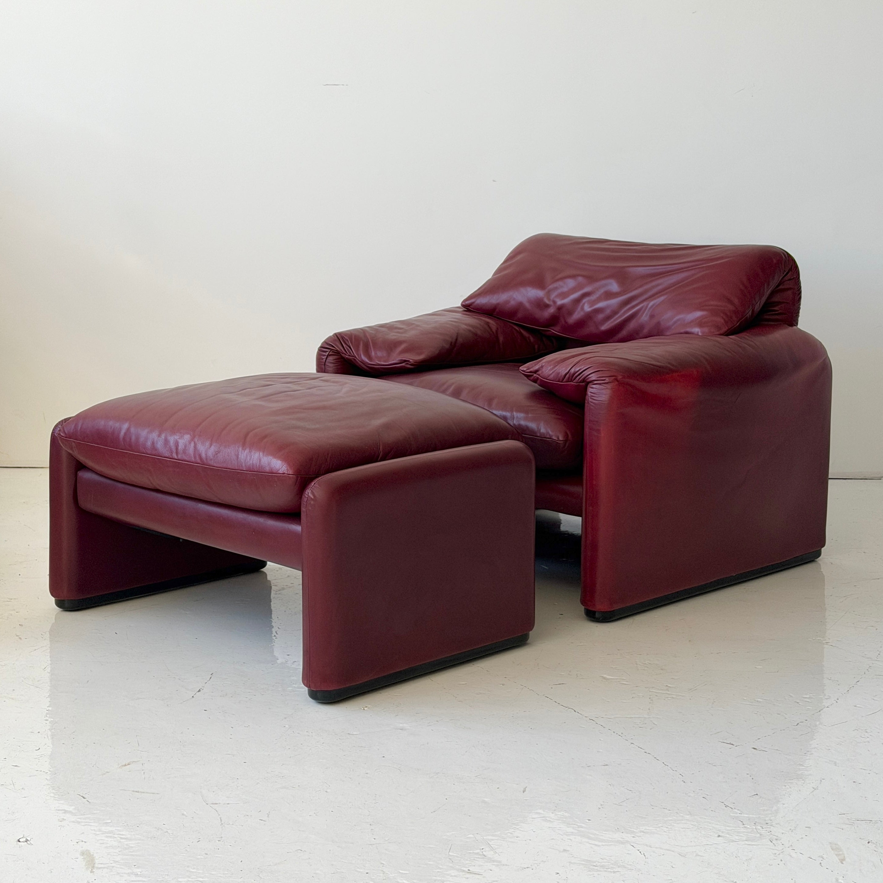 Oxblood Leather Maralunga Chair + Ottoman by Vico Magistretti for Cassina