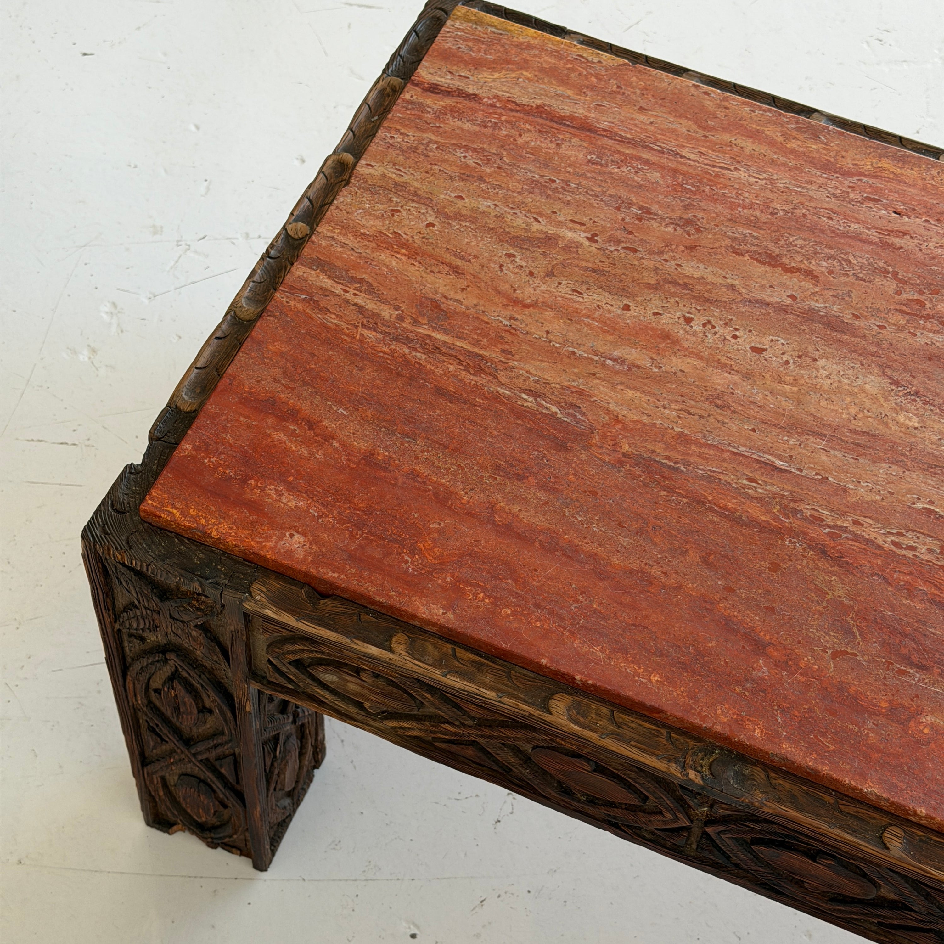 Red Persian Travertine Carved Wood Coffee Table