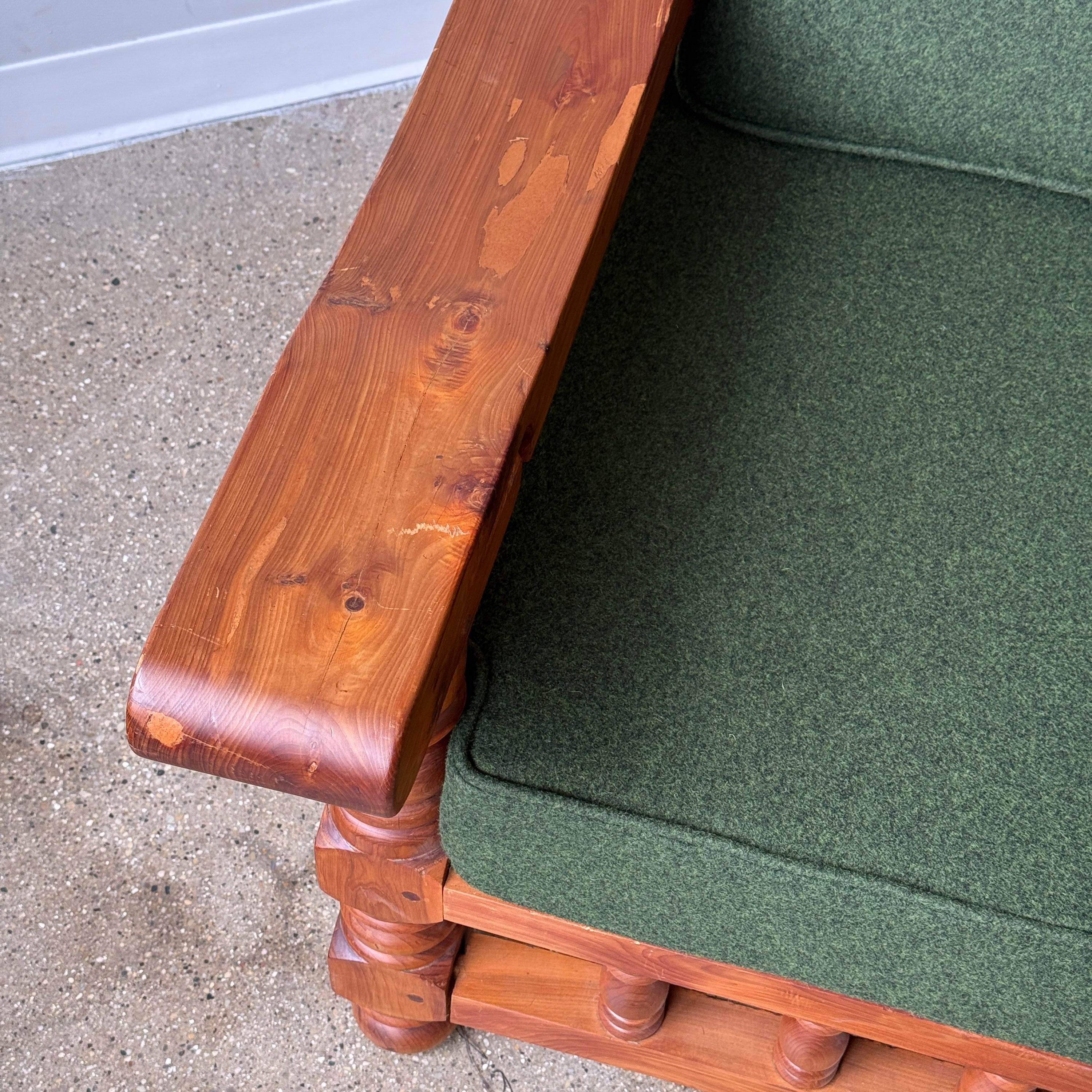 Brutalist Carved Pine Sofa in Green Wool