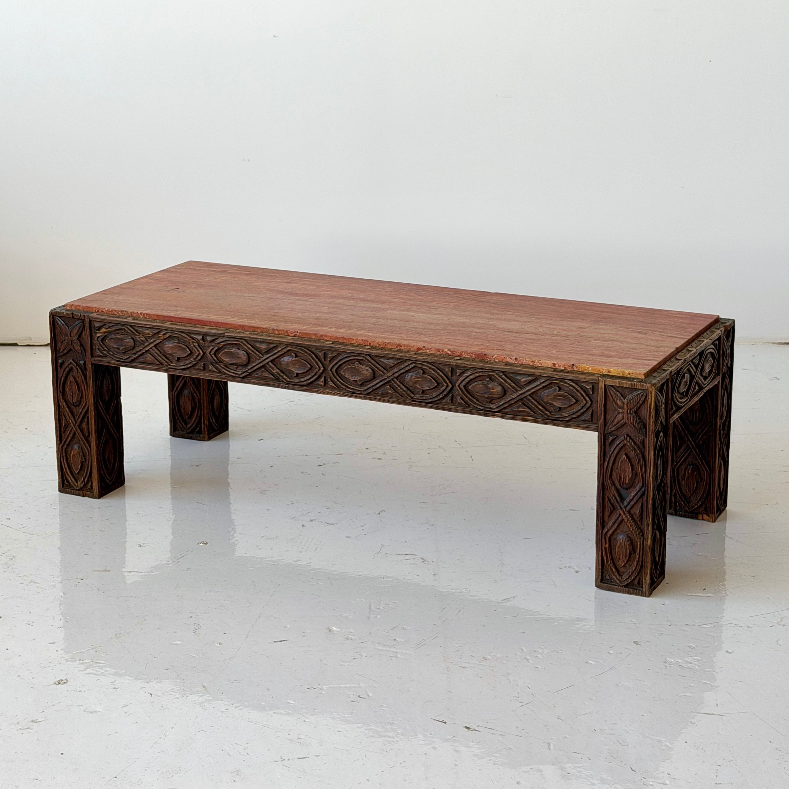 Red Persian Travertine Carved Wood Coffee Table