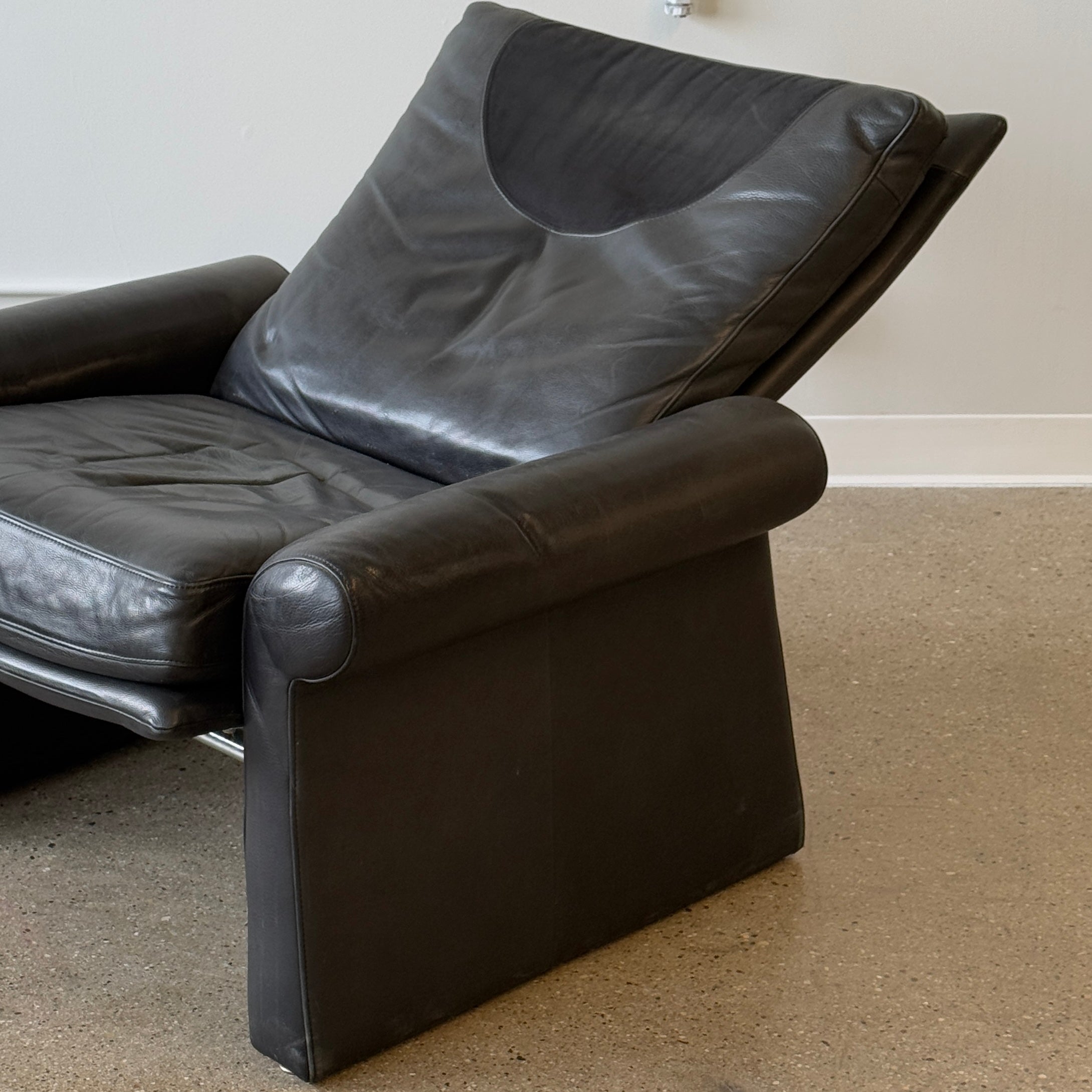 Italian Black Leather Deco Lounge Chair + Ottoman