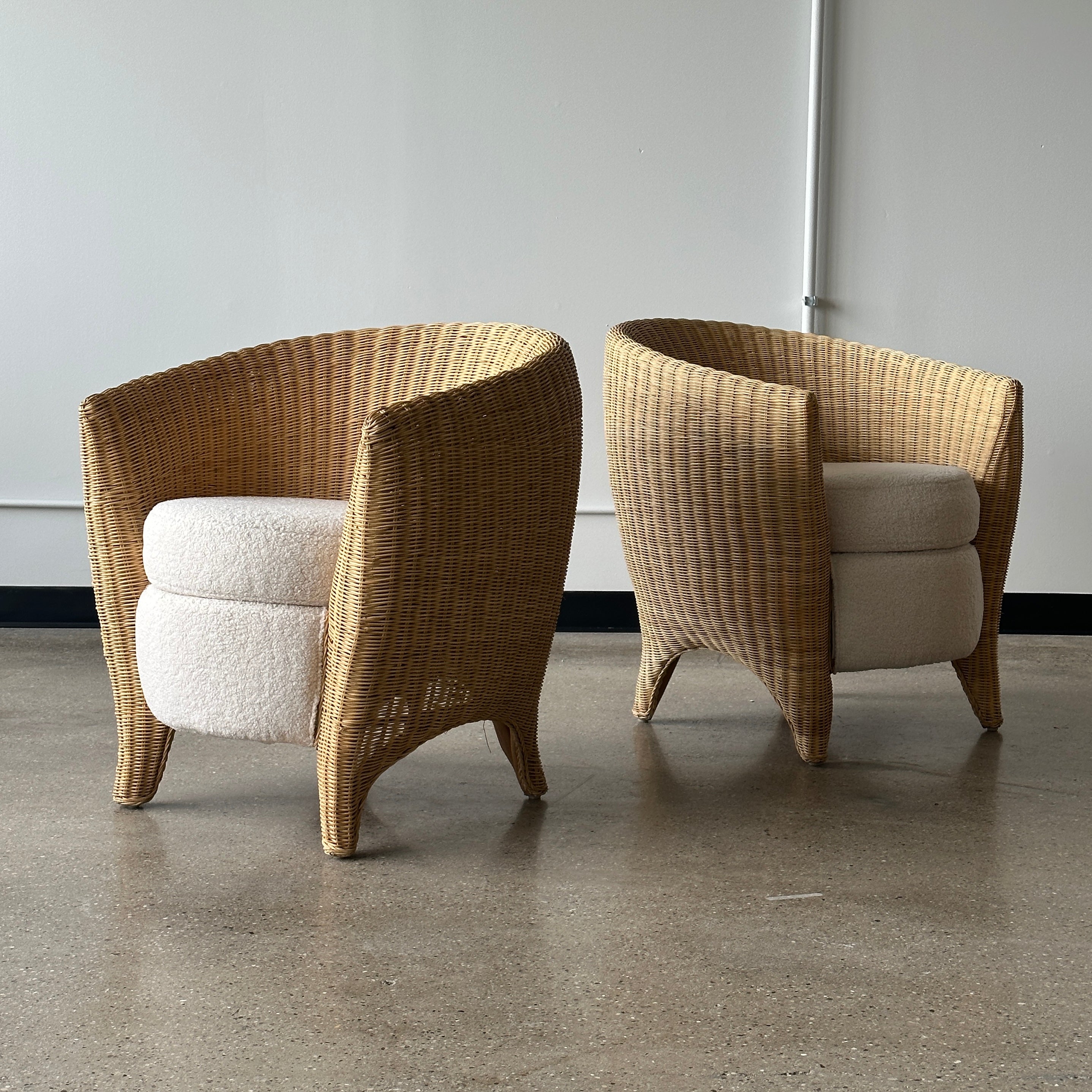 Sculptural Wicker Tub Chairs in Boucle